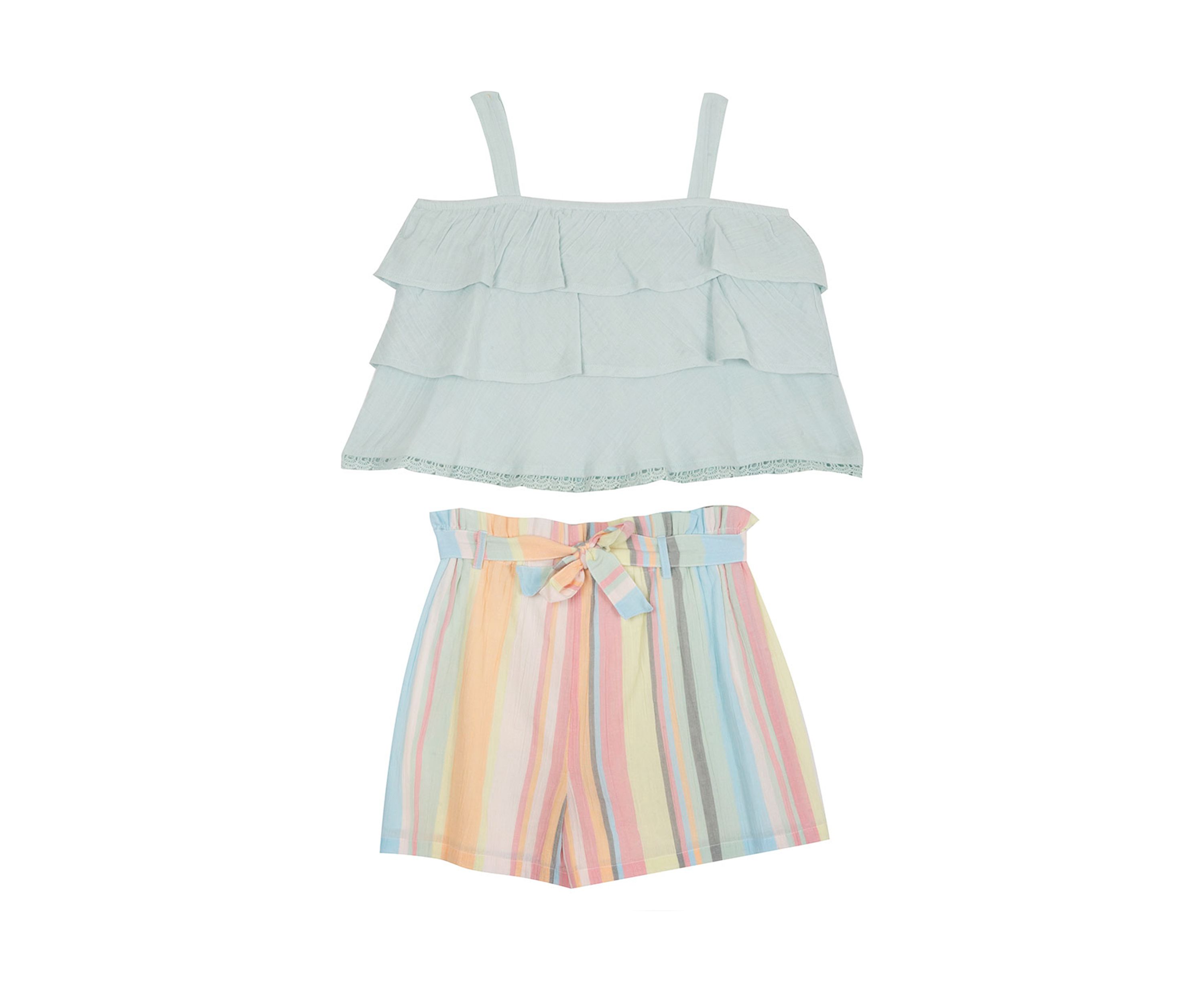Girls 7-16 Gauze Ruffled Top and Striped Shorts Set 