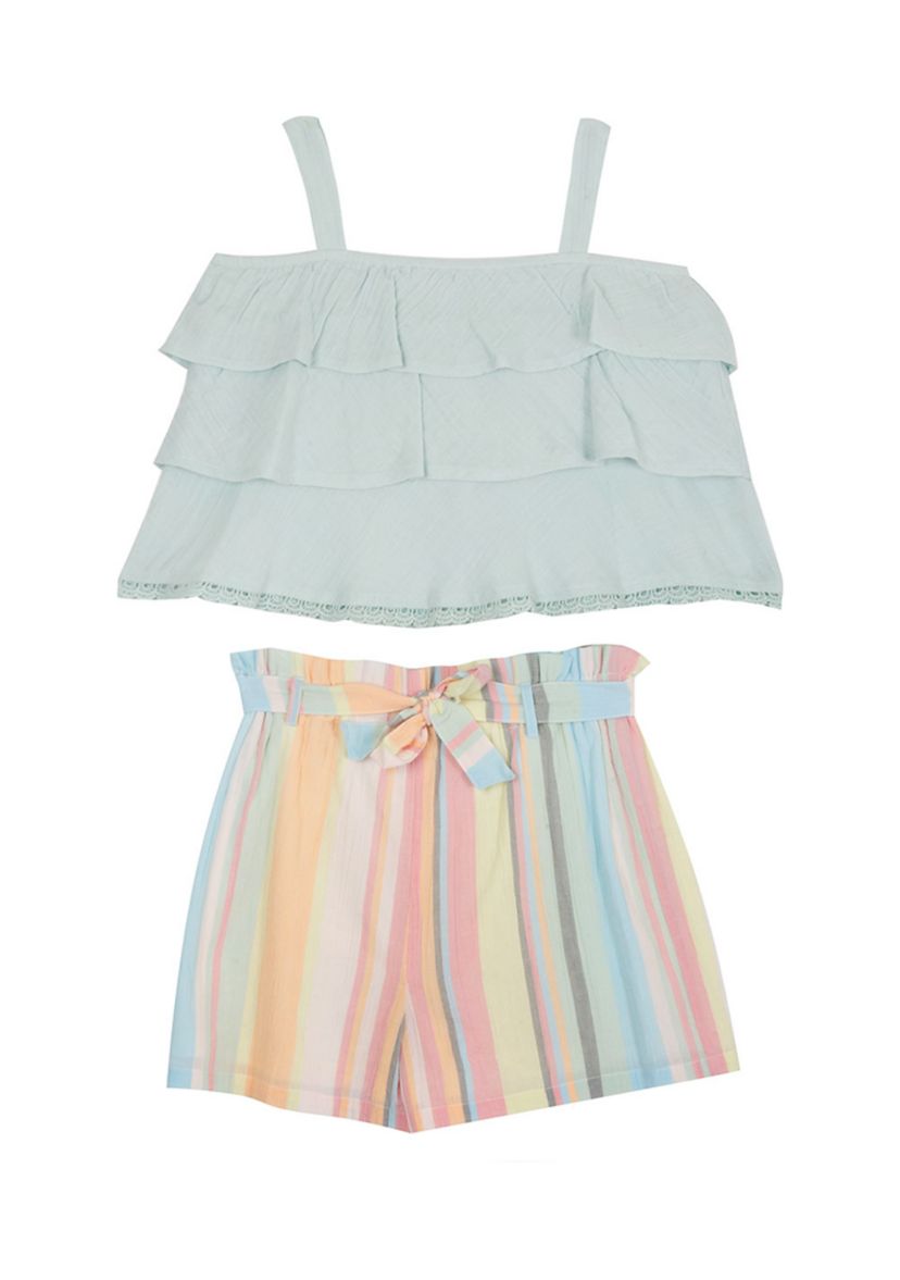 Girls 7-16 Gauze Ruffled Top and Striped Shorts Set 