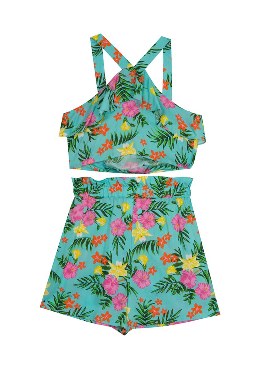 Girls 7-16 Tropical Print Tie Front Top and Shorts Set 
