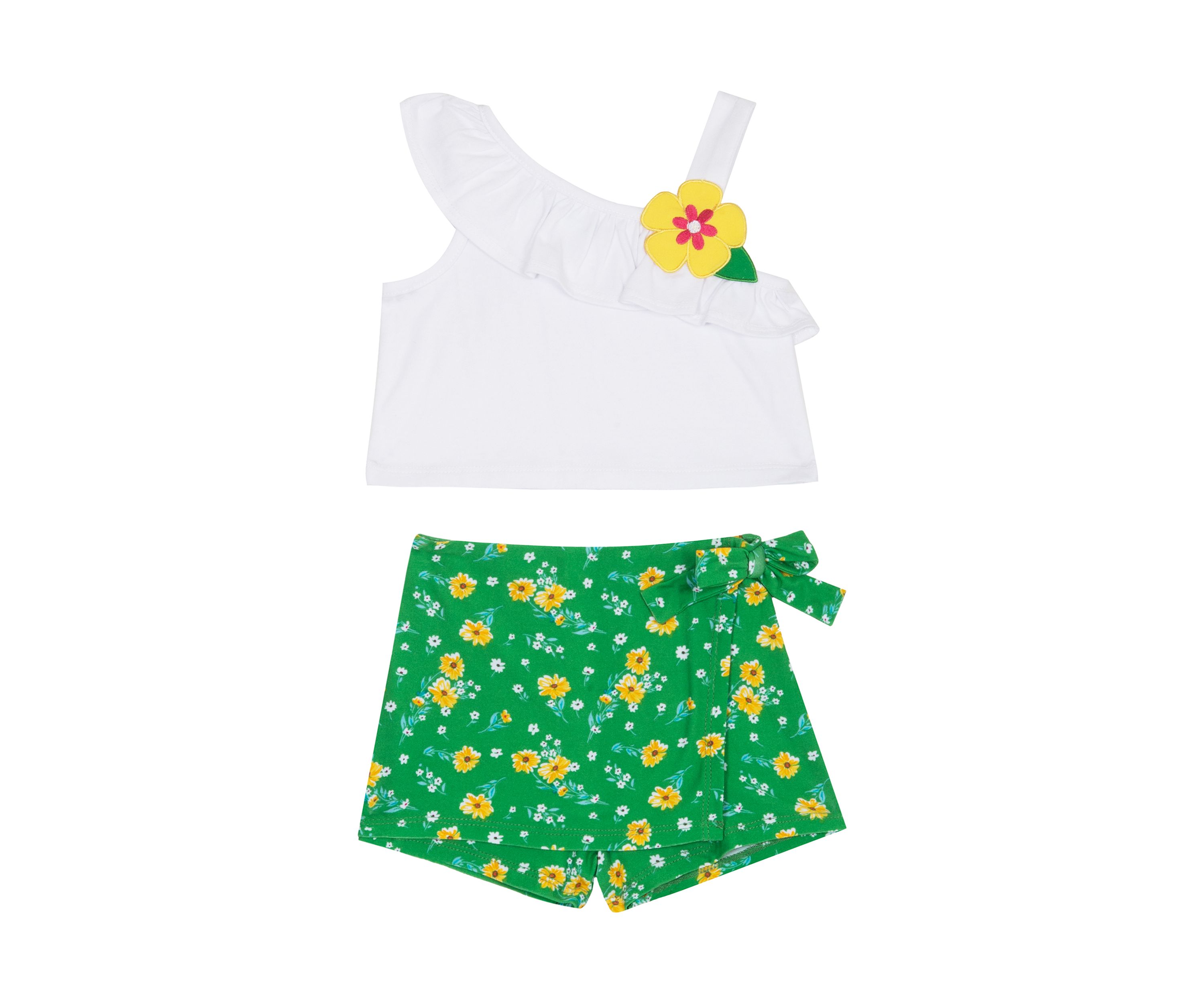Girls 7-16 Jersey Knit Top with Flower Appliqué and Printed Ruffle Skort Set