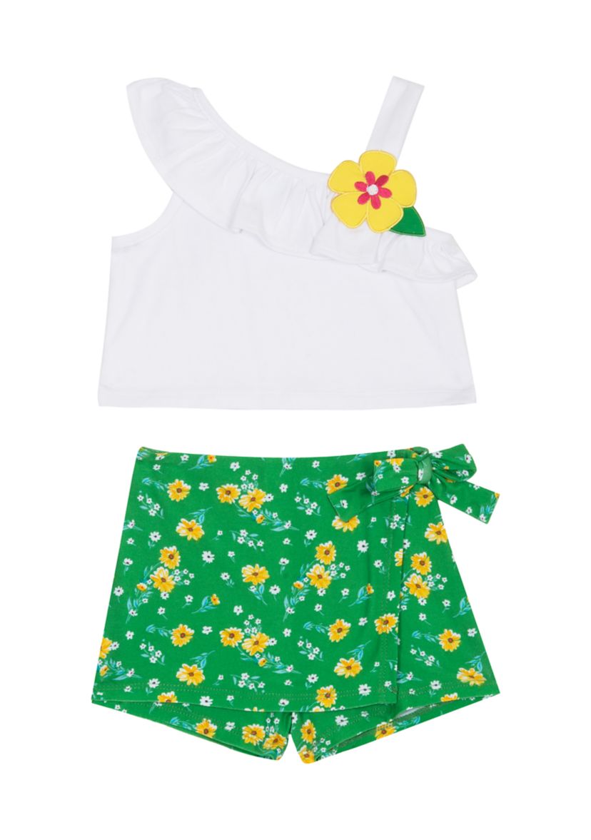 Girls 7-16 Jersey Knit Top with Flower Appliqué and Printed Ruffle Skort Set
