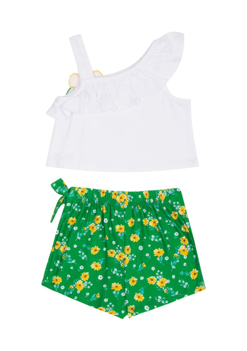 Girls 7-16 Jersey Knit Top with Flower Appliqué and Printed Ruffle Skort Set