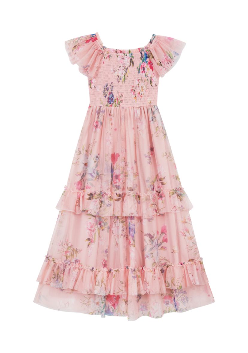 Girls 7-16 Printed Mesh Smocked Bodice Maxi Dress with Flutter Sleeves