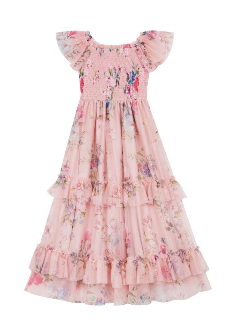 Girls 7-16 Printed Mesh Smocked Bodice Maxi Dress with Flutter Sleeves