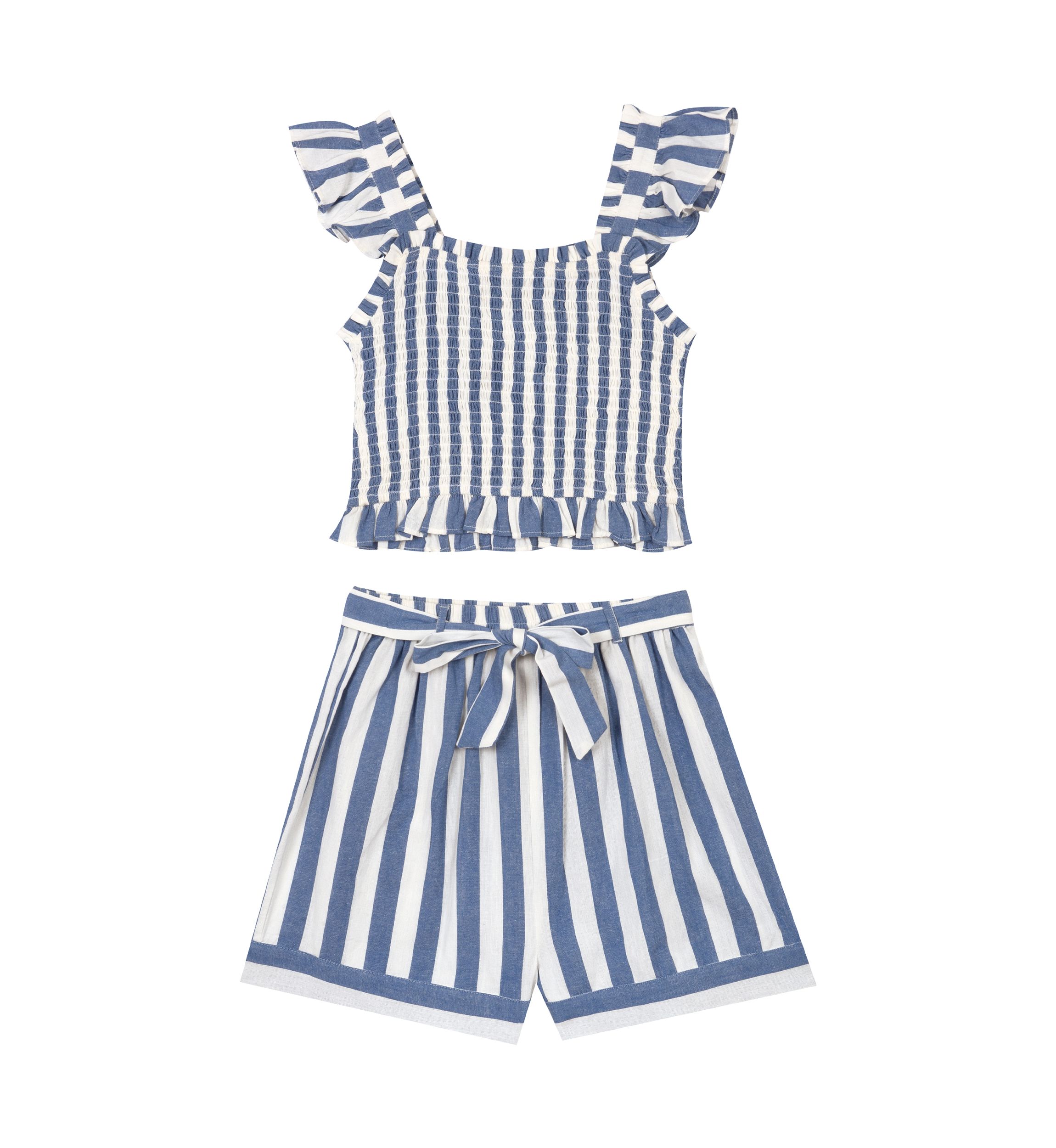 Girls 7-16 Striped Flutter Sleeve Smocked Bodice Top and Shorts Set