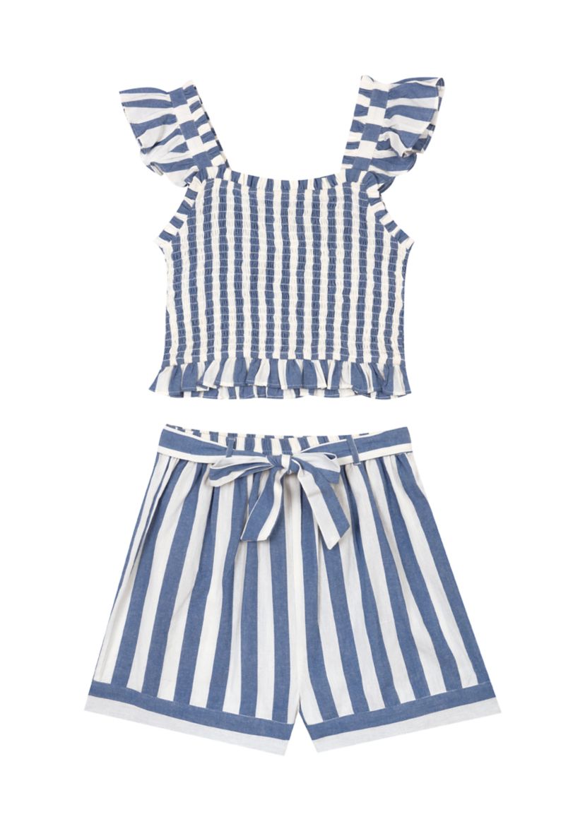 Girls 7-16 Striped Flutter Sleeve Smocked Bodice Top and Shorts Set