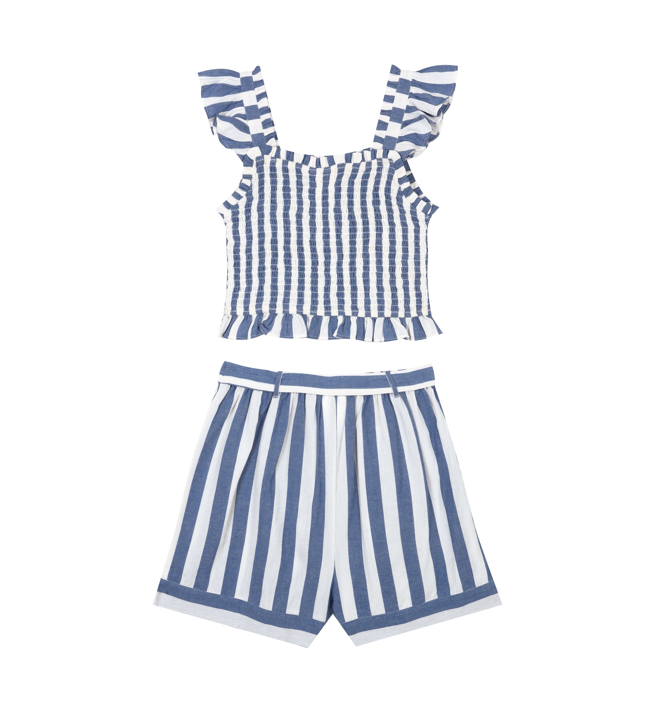 Girls 7-16 Striped Flutter Sleeve Smocked Bodice Top and Shorts Set