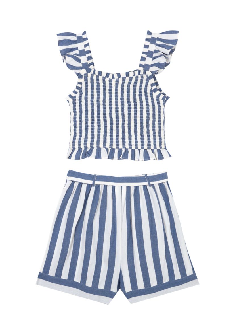 Girls 7-16 Striped Flutter Sleeve Smocked Bodice Top and Shorts Set