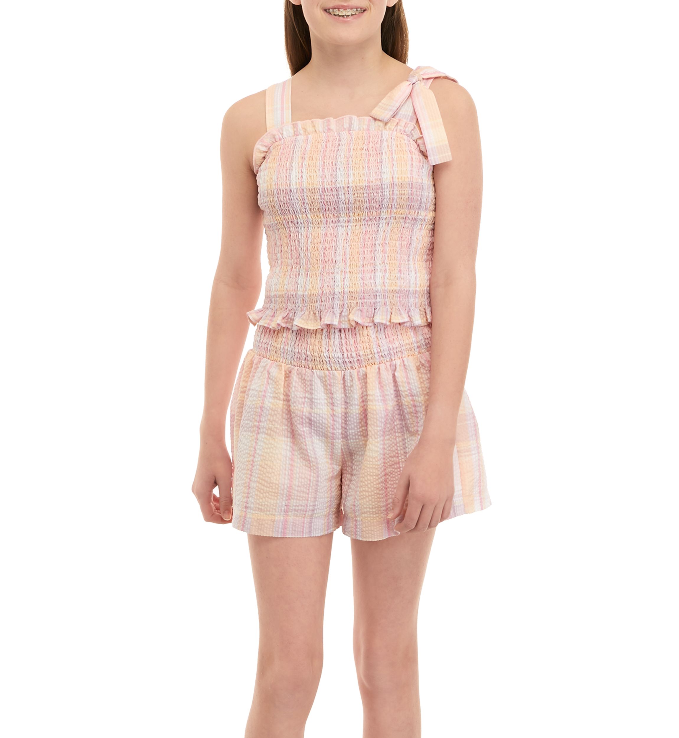 Girls 7-16 Plaid Smocked Top and Shorts