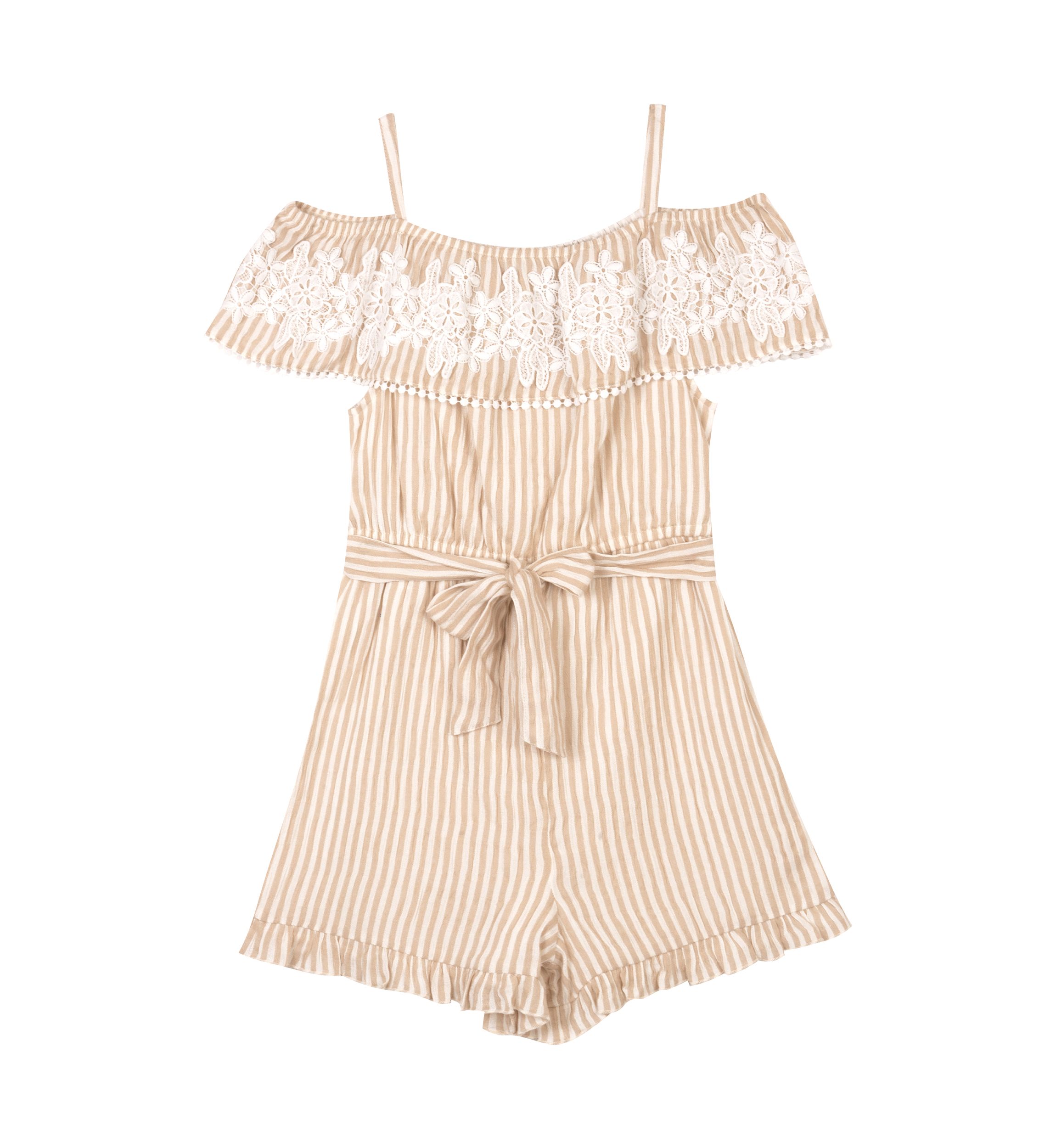 Girls 7-16 Striped Woven Embellished Romper with Self Tie