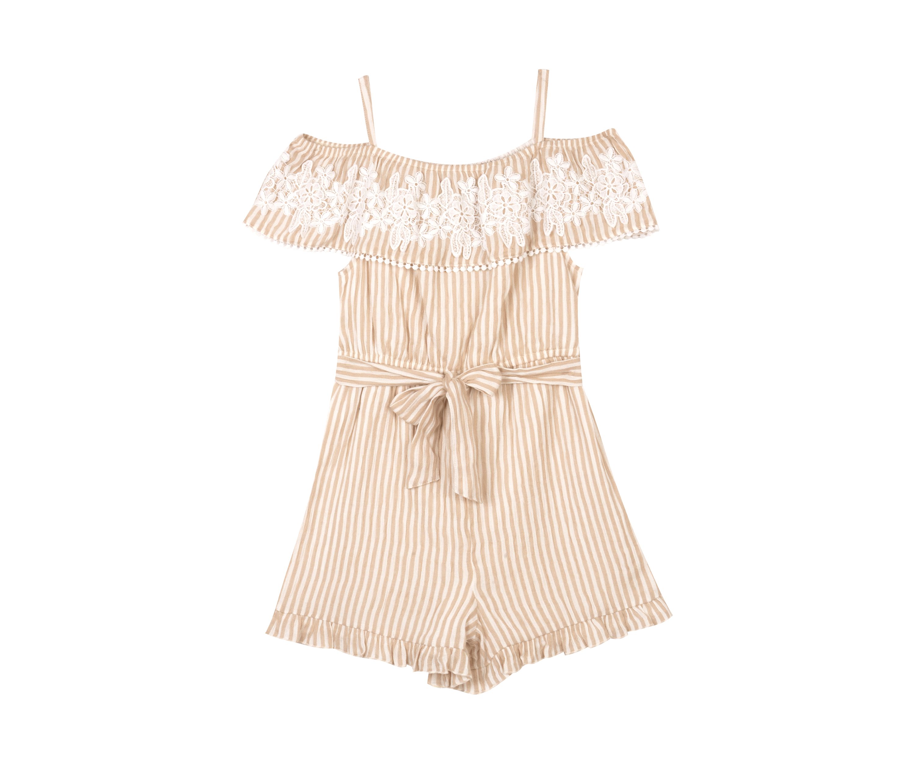 Girls 7-16 Striped Woven Embellished Romper with Self Tie