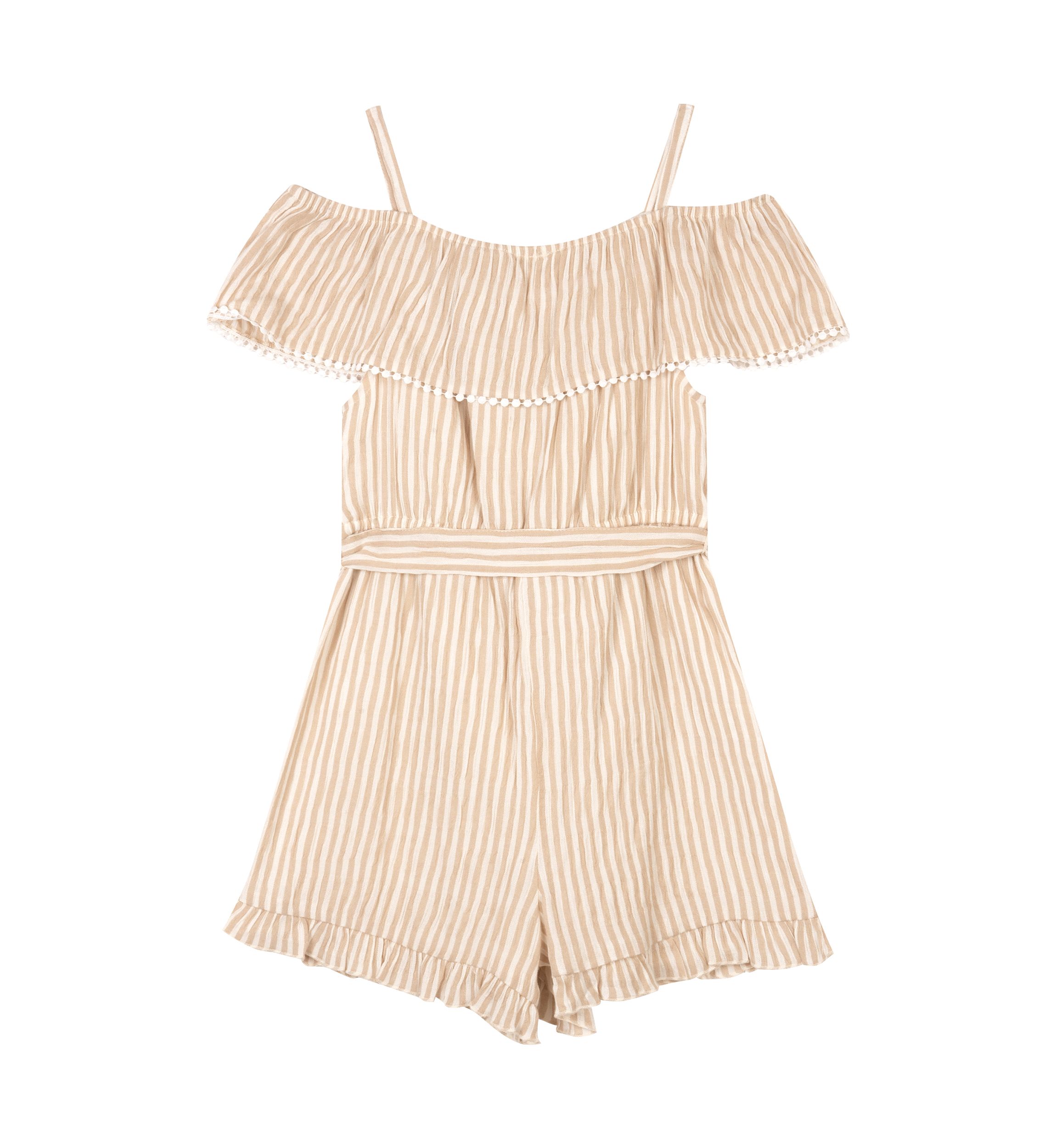 Girls 7-16 Striped Woven Embellished Romper with Self Tie