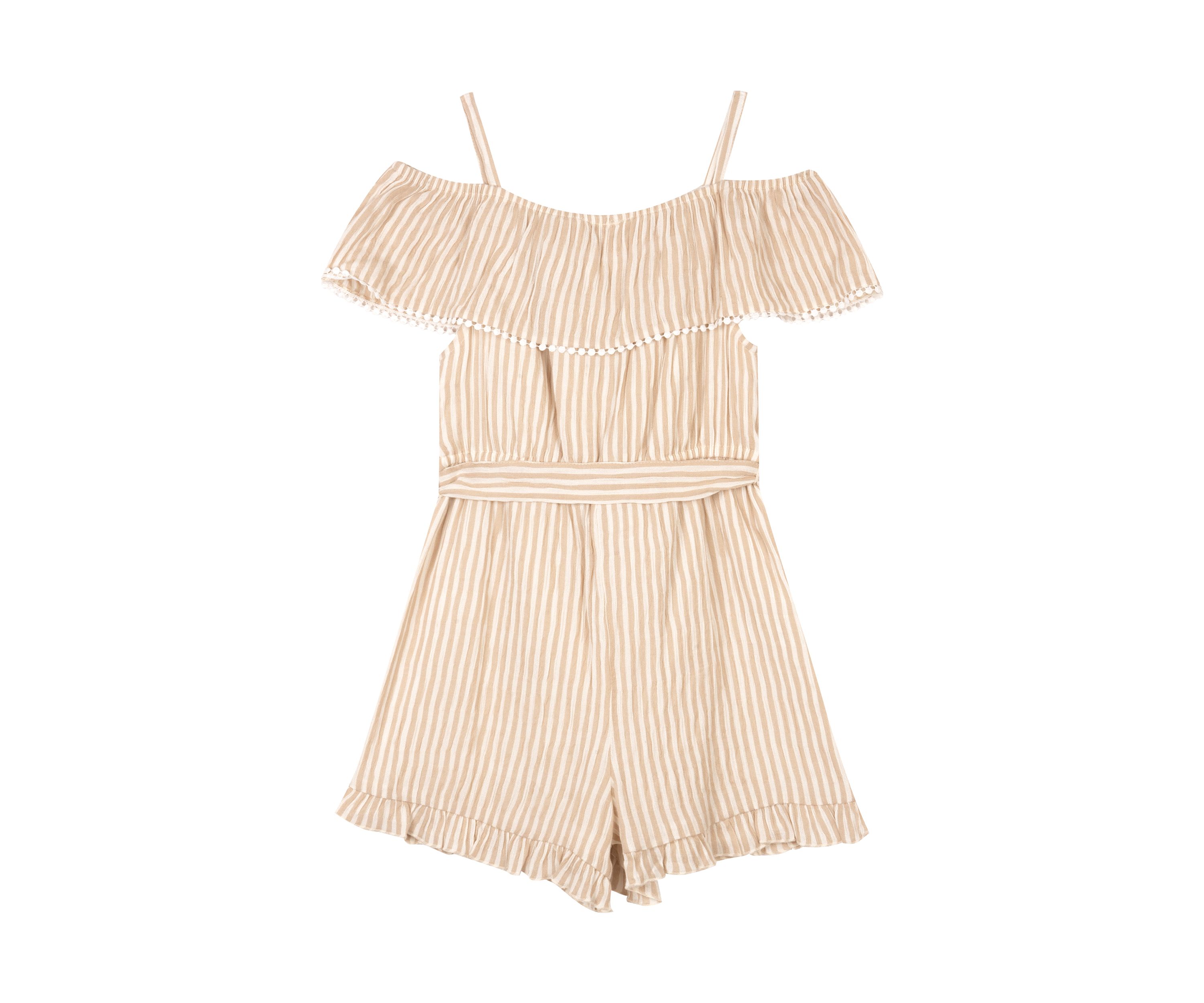 Girls 7-16 Striped Woven Embellished Romper with Self Tie