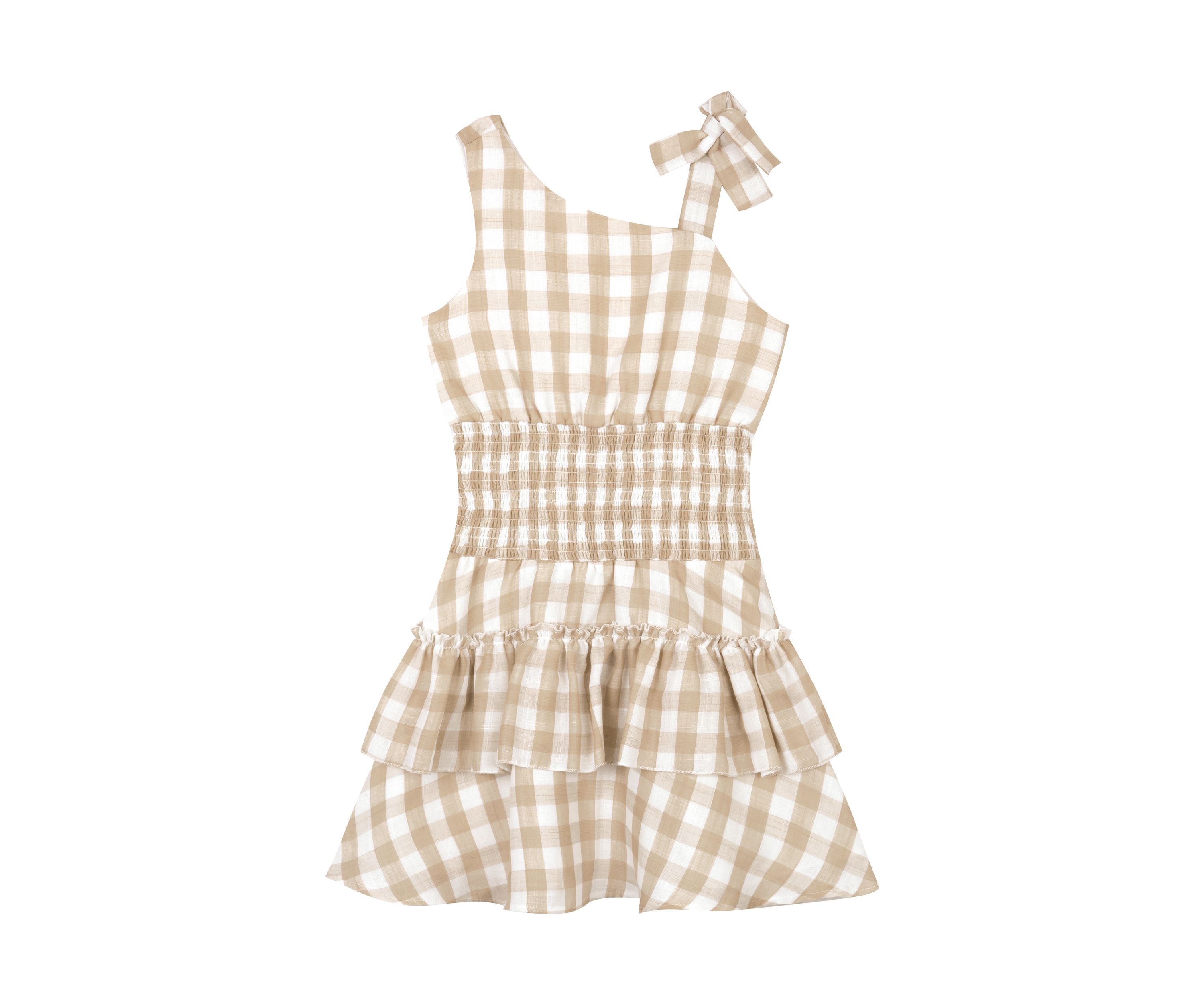 Girls 7-16 Gingham Asymmetrical Bodice Dress with Smocked Waist and Tiered Skirt 