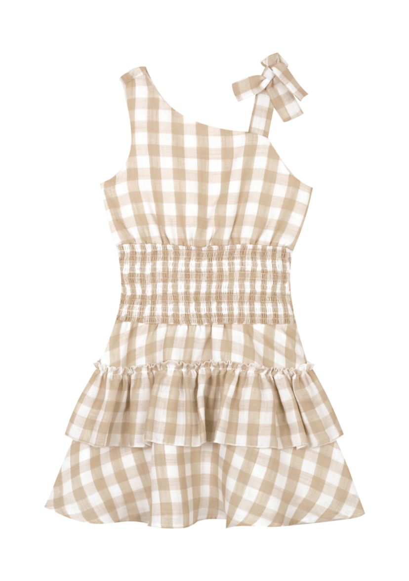 Girls 7-16 Gingham Asymmetrical Bodice Dress with Smocked Waist and Tiered Skirt 