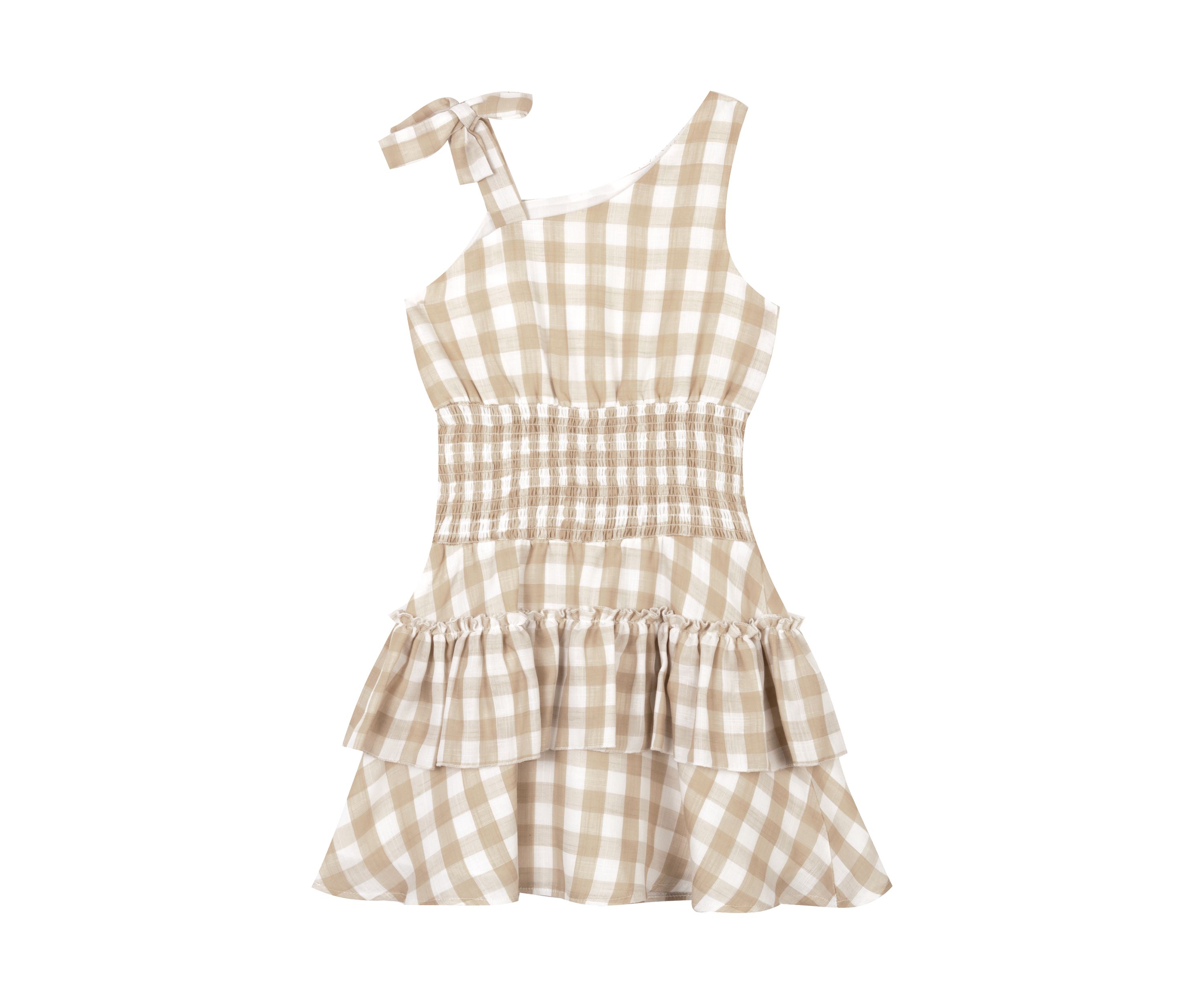 Girls 7-16 Gingham Asymmetrical Bodice Dress with Smocked Waist and Tiered Skirt 