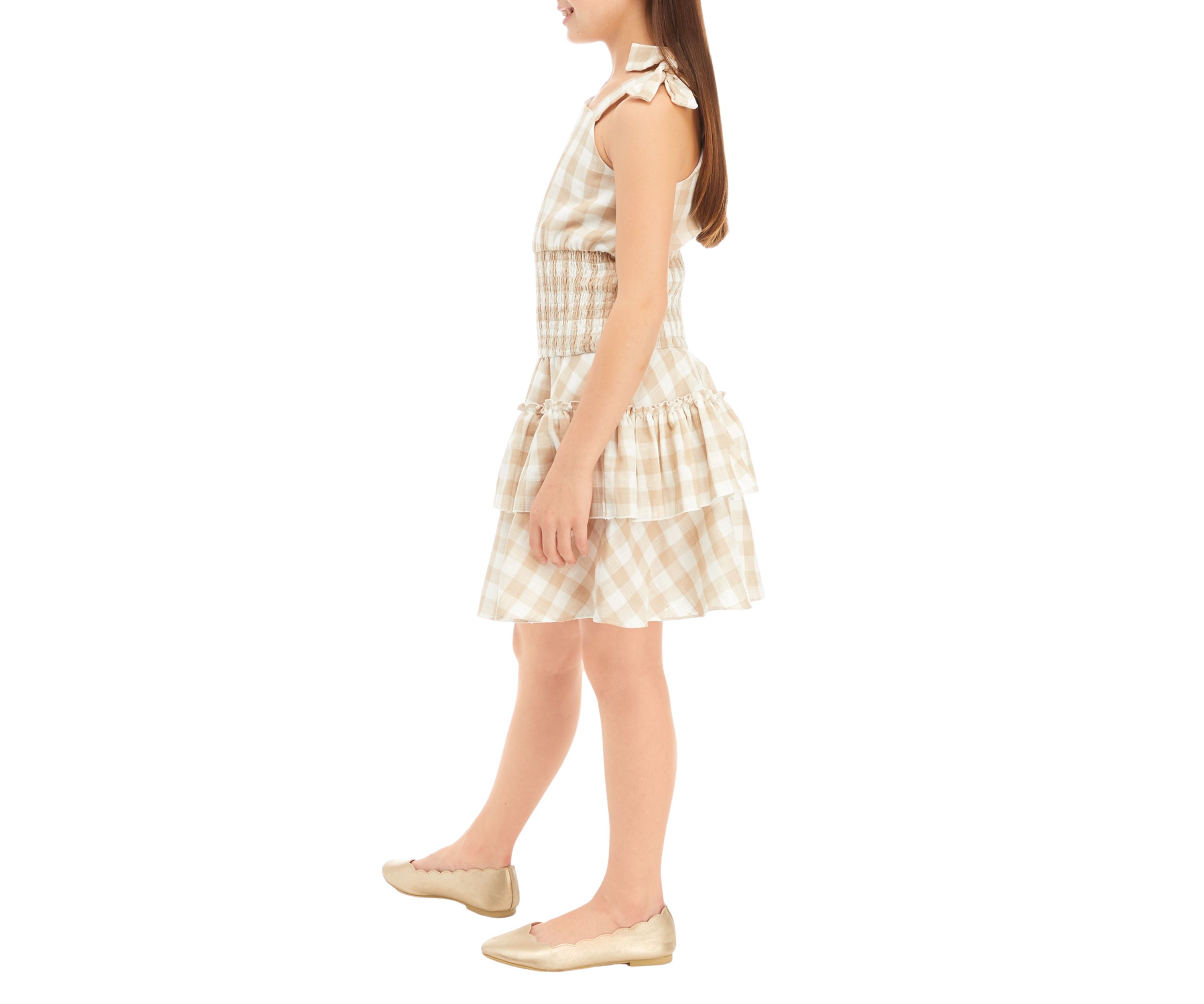 Girls 7-16 Gingham Asymmetrical Bodice Dress with Smocked Waist and Tiered Skirt 