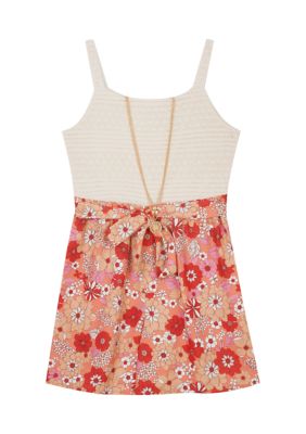 Girls 7-16 Crochet Bodice to Floral Printed Shorts Romper