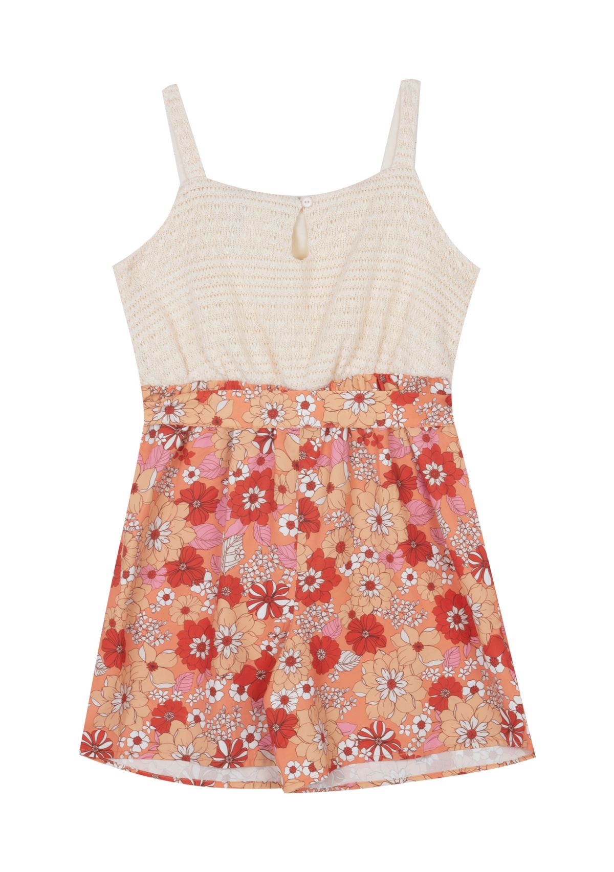 Girls 7-16 Crochet Bodice to Floral Printed Shorts Romper