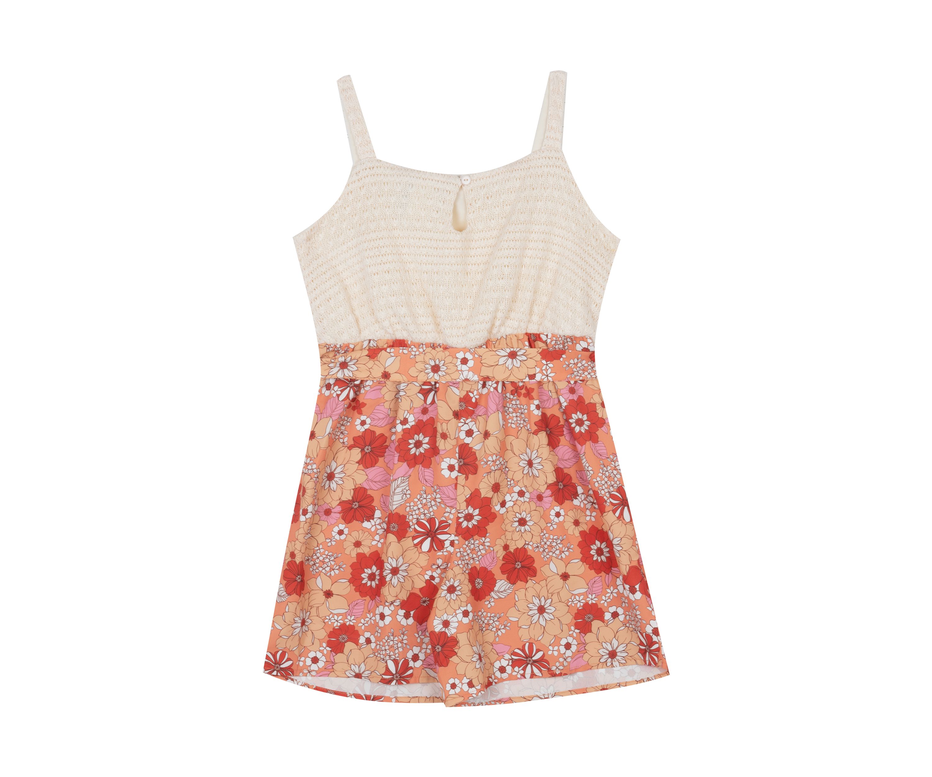 Girls 7-16 Crochet Bodice to Floral Printed Shorts Romper