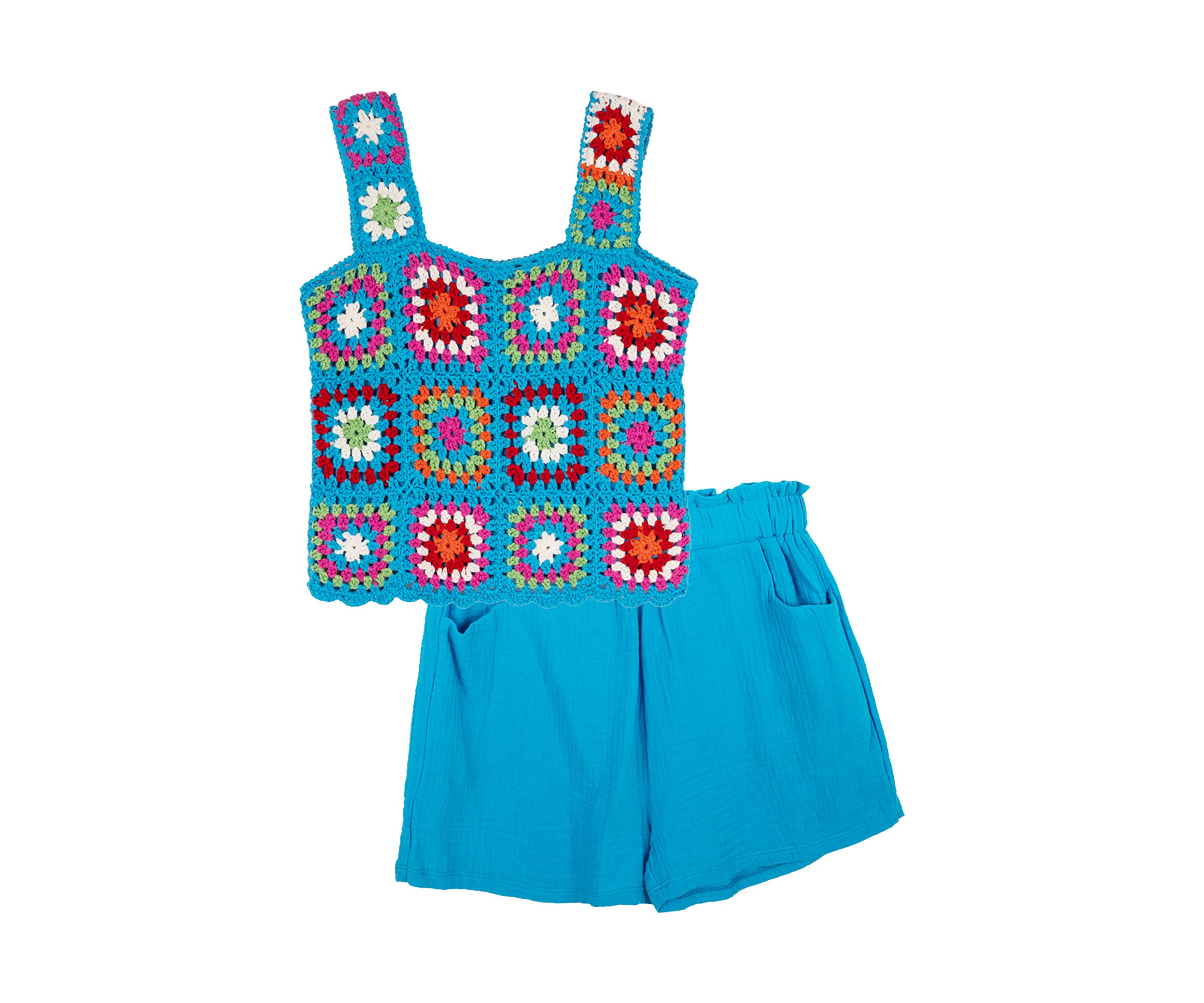 Girls 7-16 Printed Crochet Top and Solid Shorts Set
