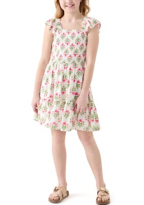 Rare Editions Girls 7-16 Smocked Floral Flutter Sleeve Dress, Ivory, 8