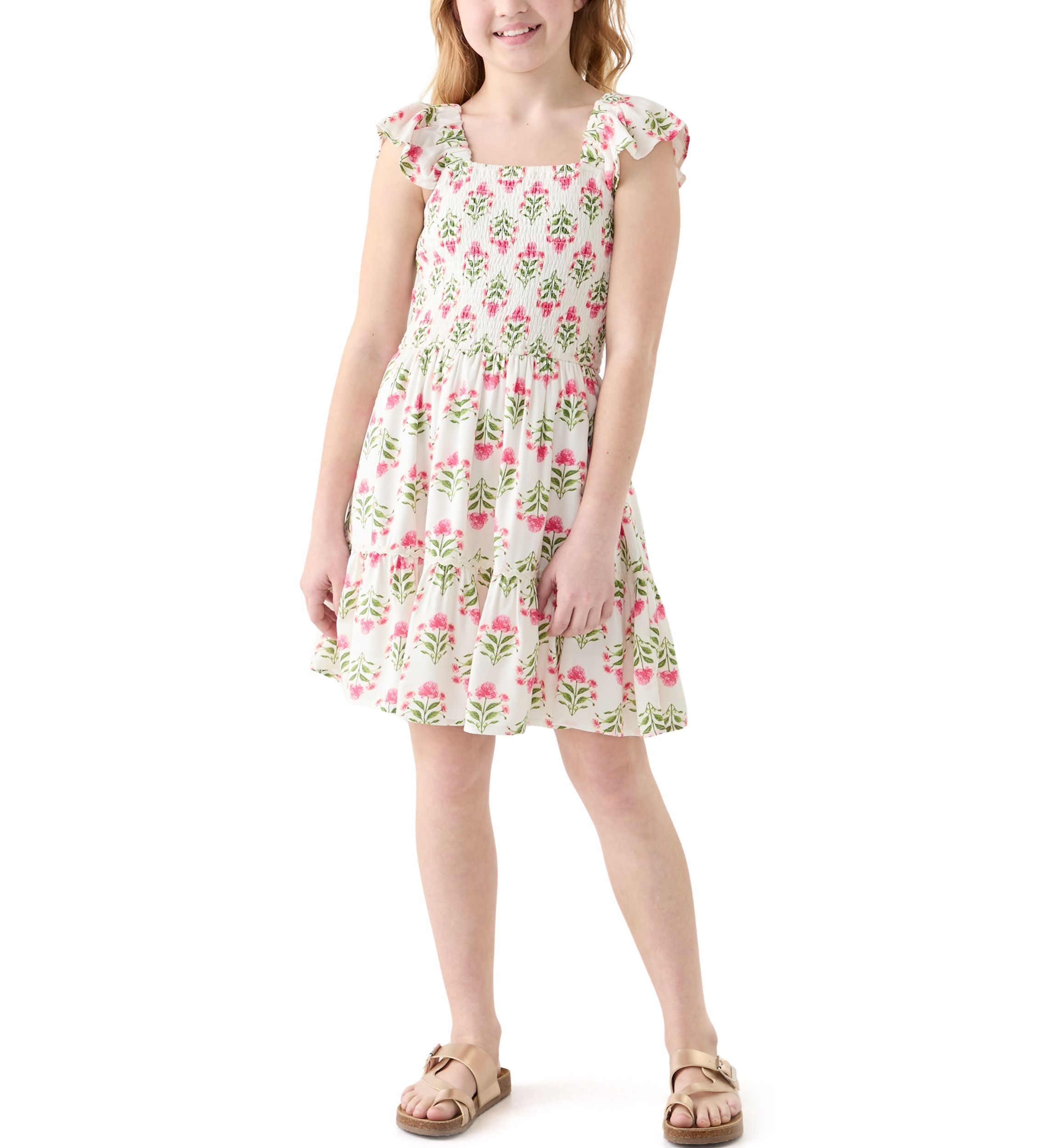 Girls 7-16 Smocked Floral Flutter Sleeve Dress