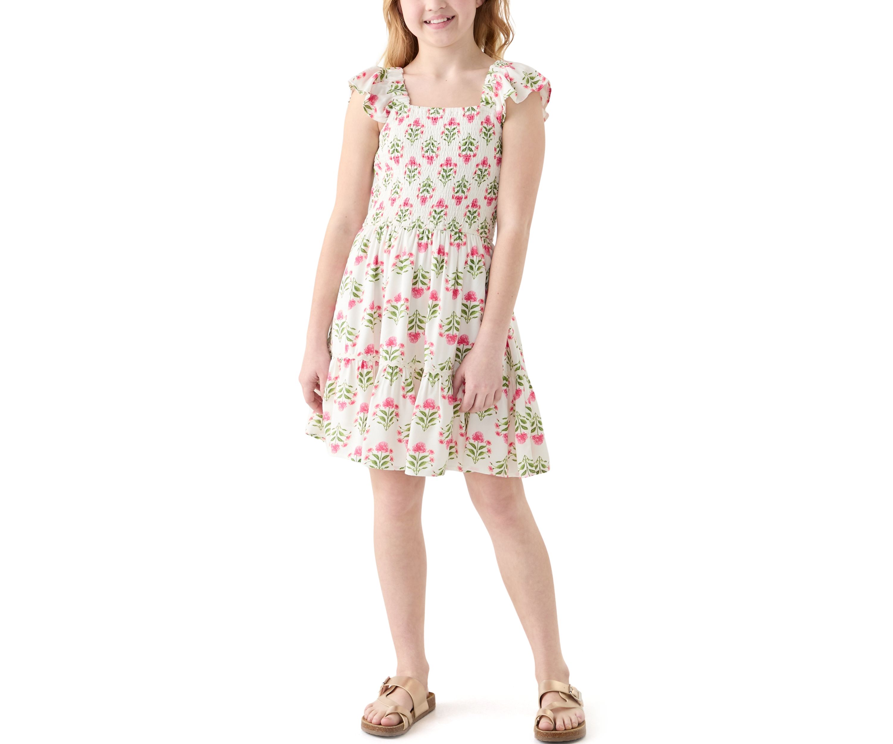 Girls 7-16 Smocked Floral Flutter Sleeve Dress