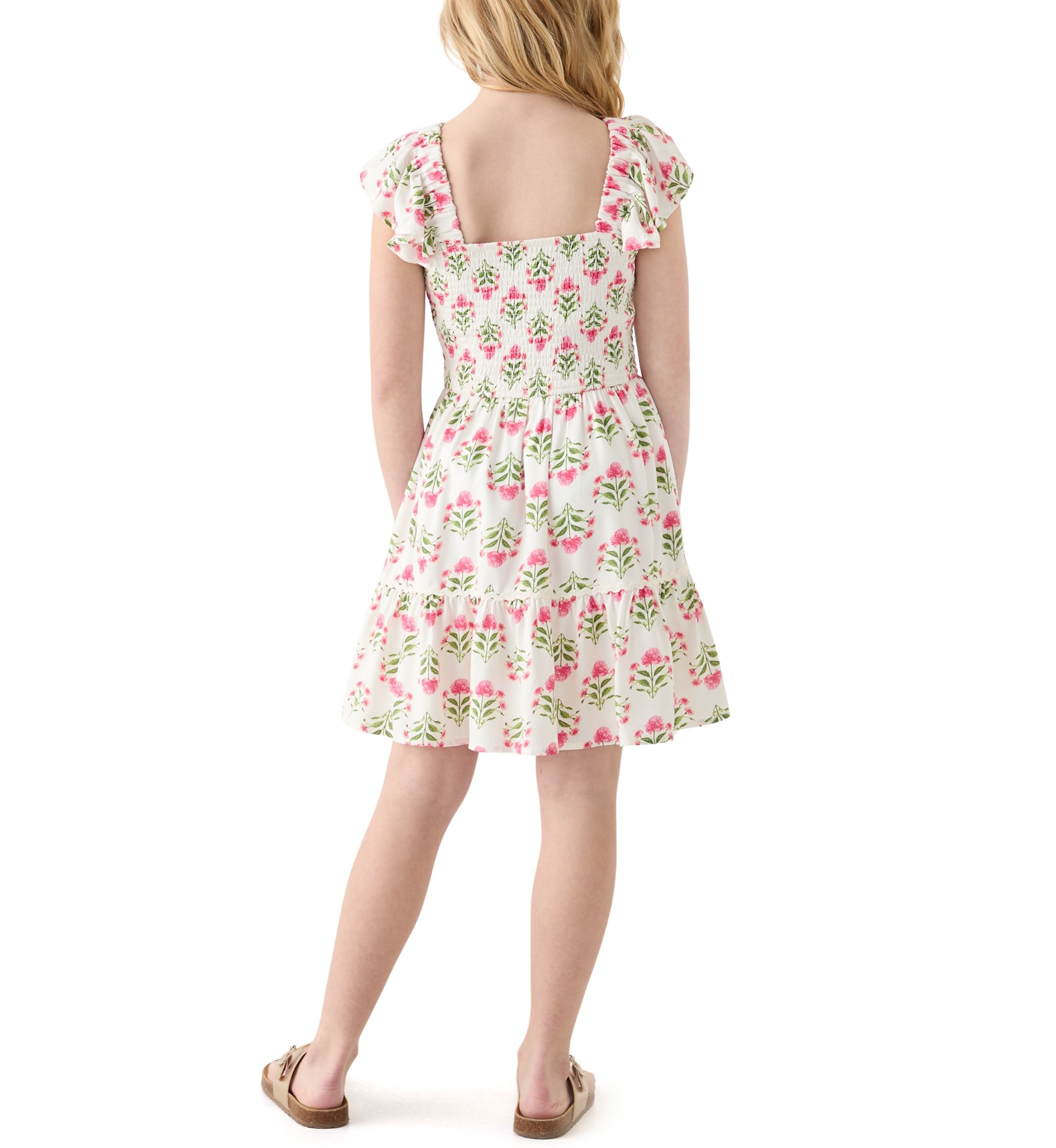 Girls 7-16 Smocked Floral Flutter Sleeve Dress
