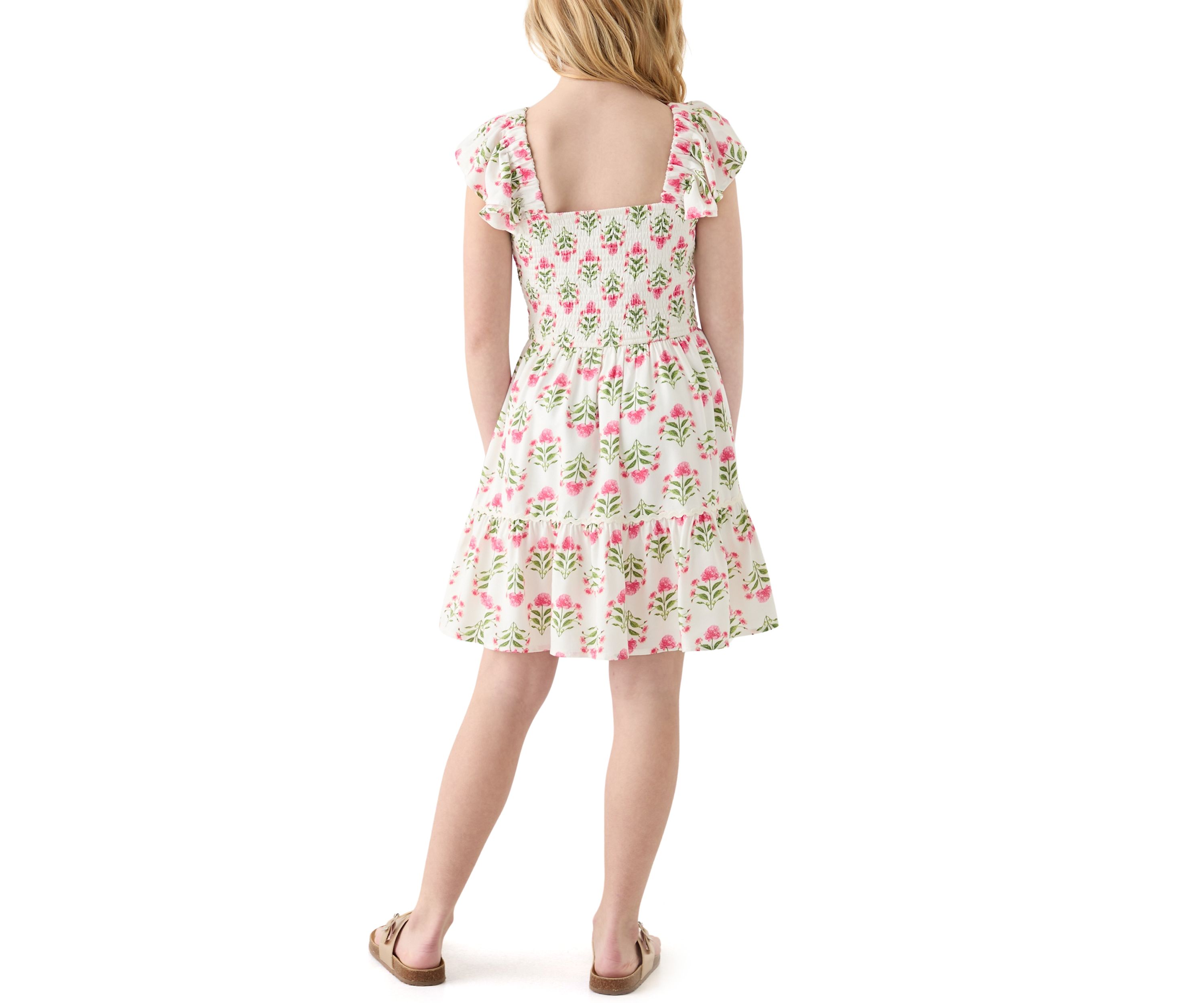 Girls 7-16 Smocked Floral Flutter Sleeve Dress