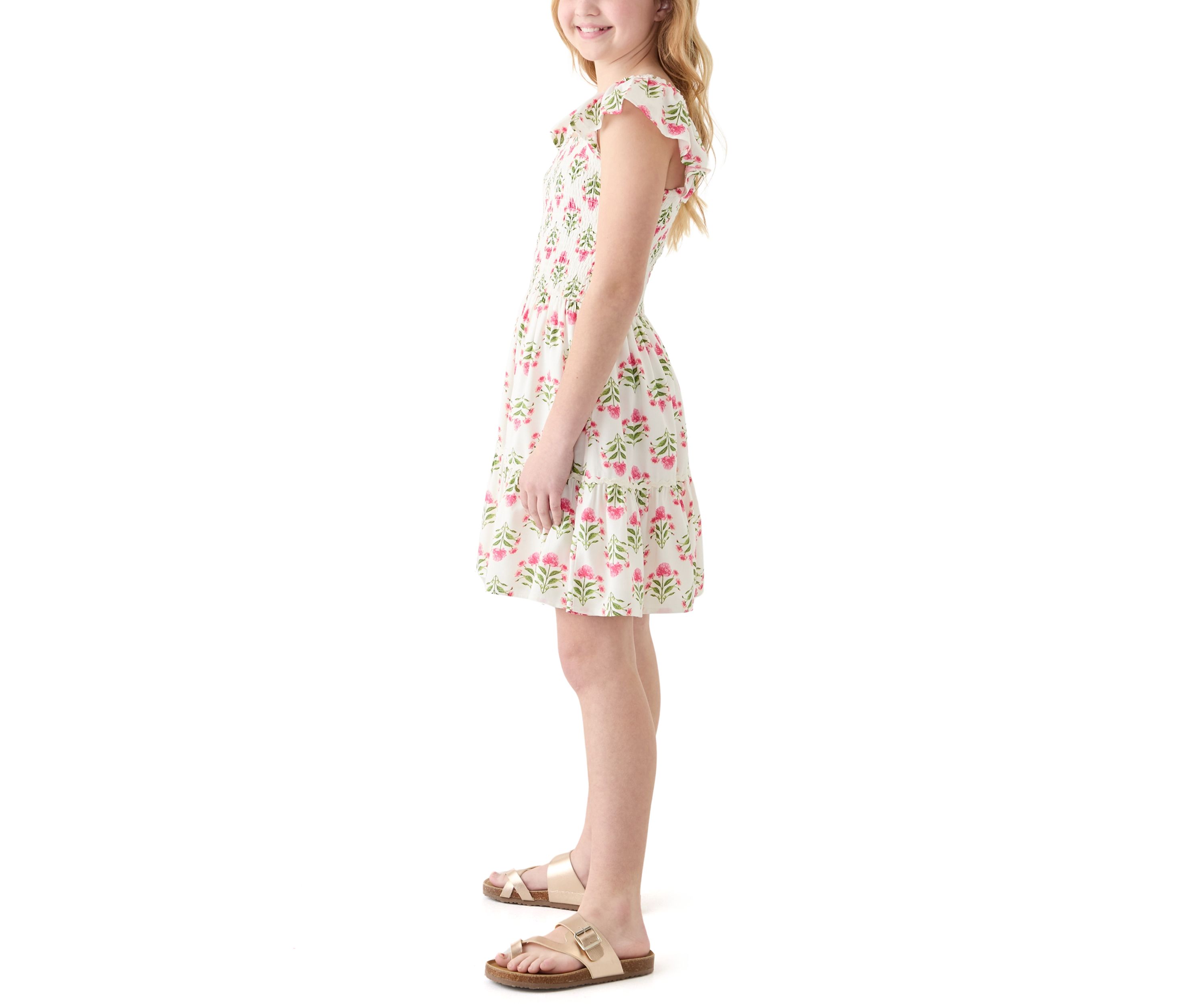 Girls 7-16 Smocked Floral Flutter Sleeve Dress