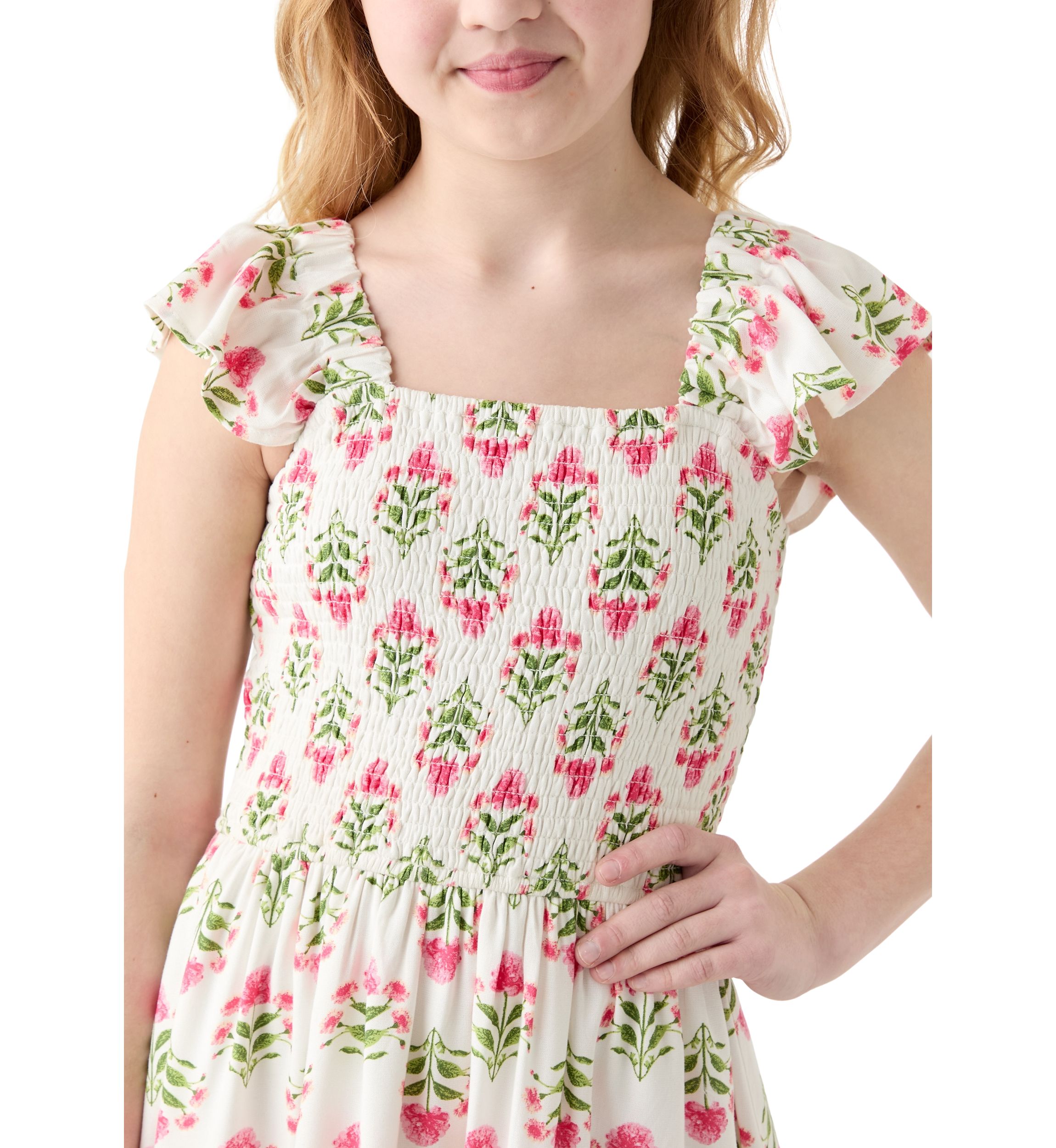 Girls 7-16 Smocked Floral Flutter Sleeve Dress