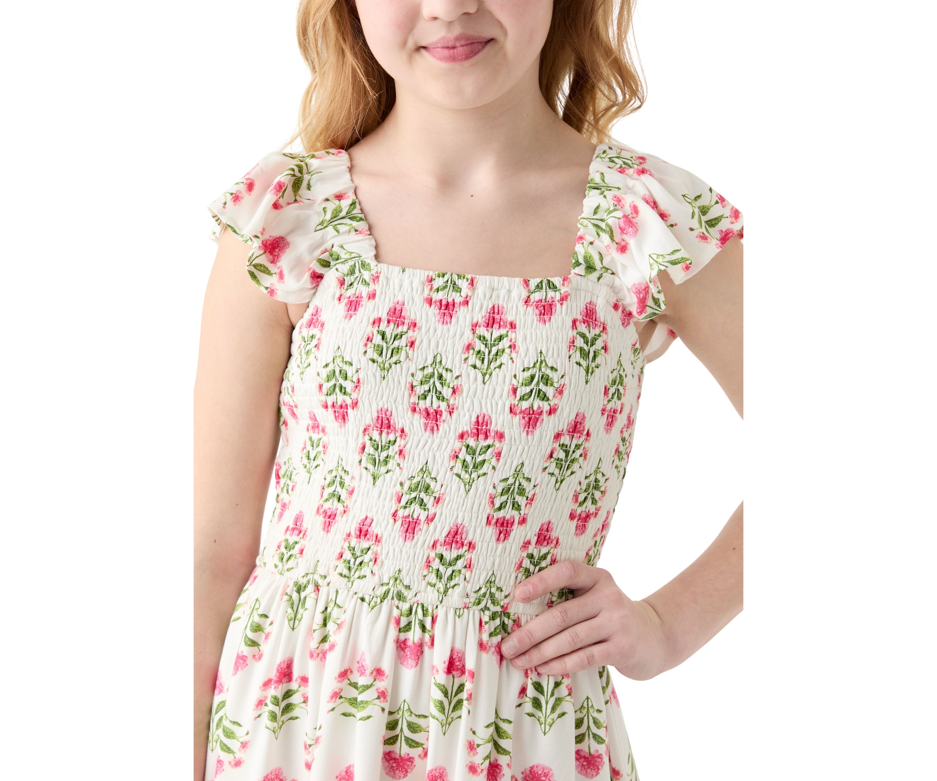Girls 7-16 Smocked Floral Flutter Sleeve Dress