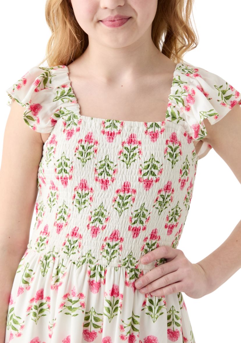 Girls 7-16 Smocked Floral Flutter Sleeve Dress