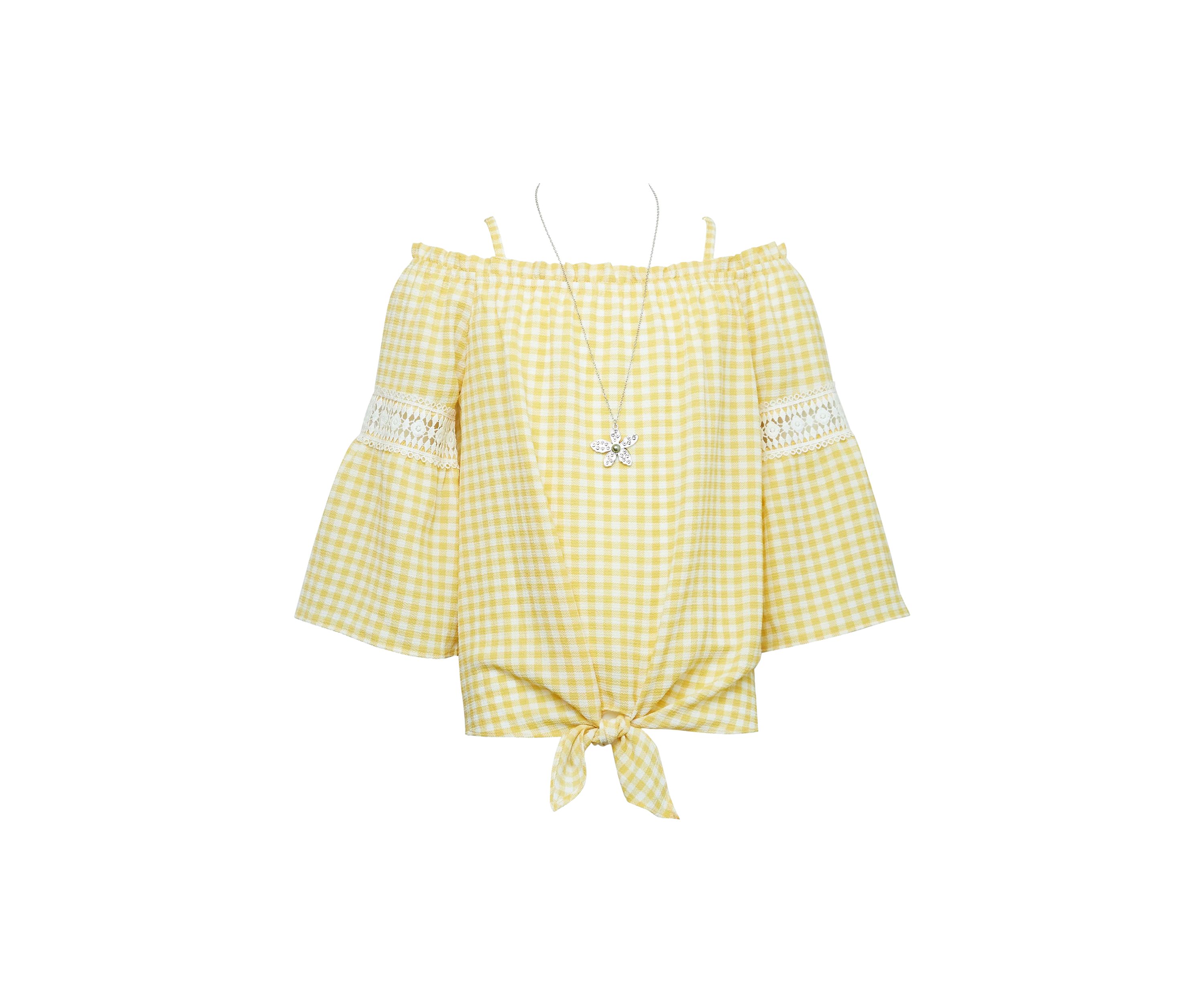 Girls 7-16 Plaid Off the Shoulder Peasant Top with Necklace