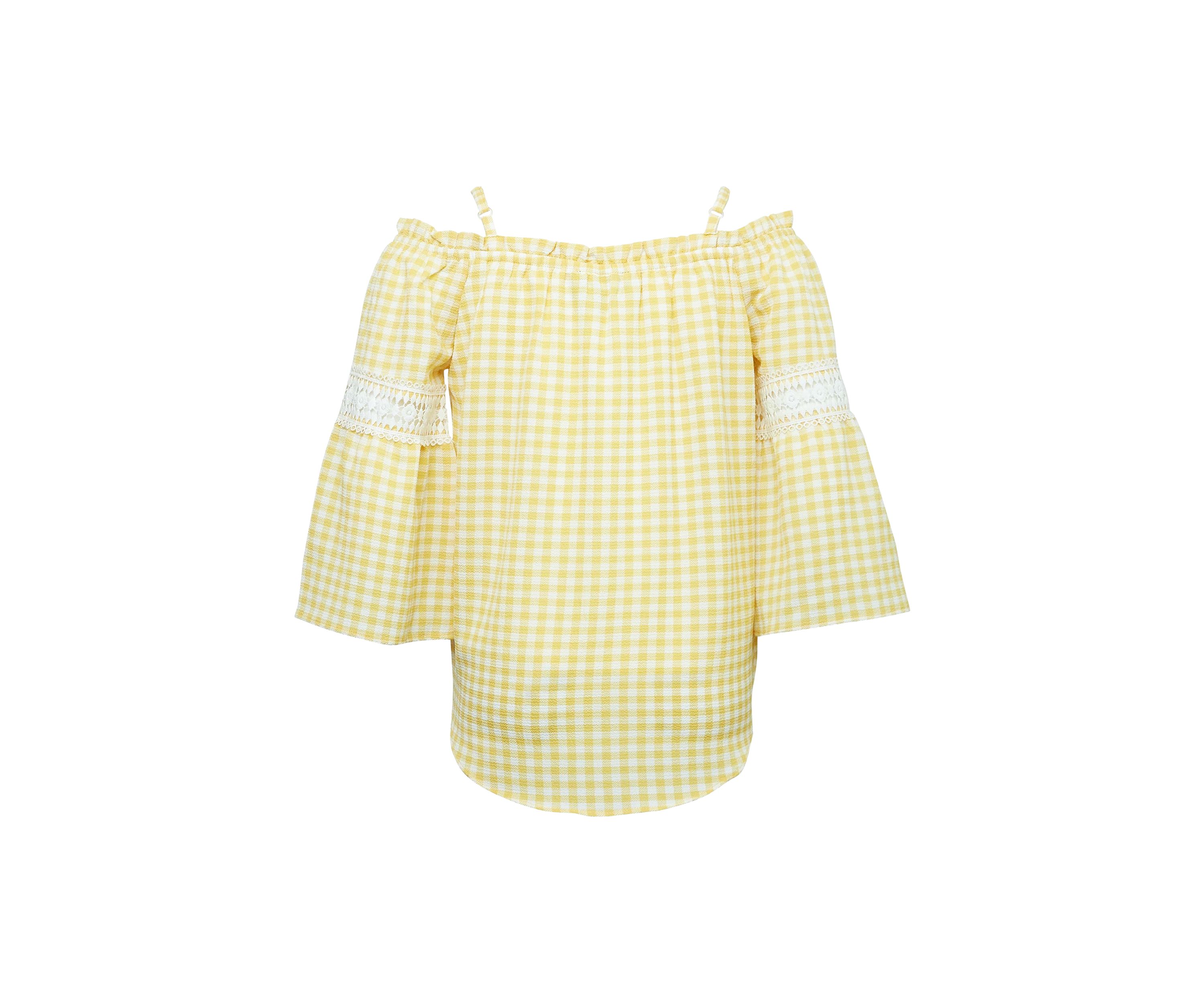 Girls 7-16 Plaid Off the Shoulder Peasant Top with Necklace