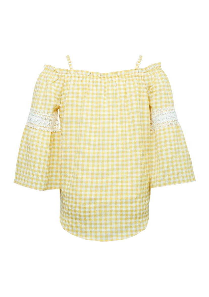 Girls 7-16 Plaid Off the Shoulder Peasant Top with Necklace