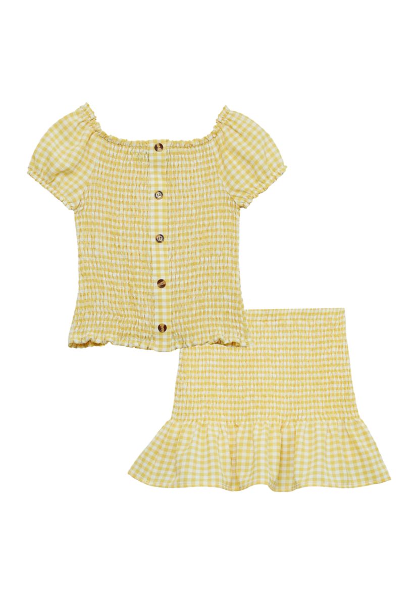 Girls 7-16 Short Sleeve Smocked Top and Mini Skirt Set 