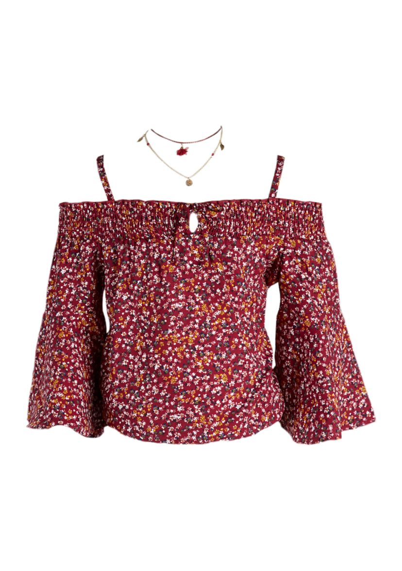 Girls 7-16 Floral Off the Shoulder Top with Necklace