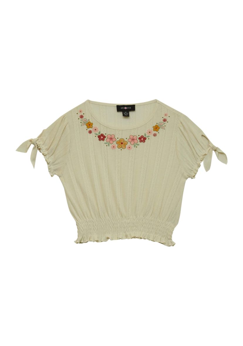 Girls 7-16 Dolman Tie Sleeve Flower Embellished Top