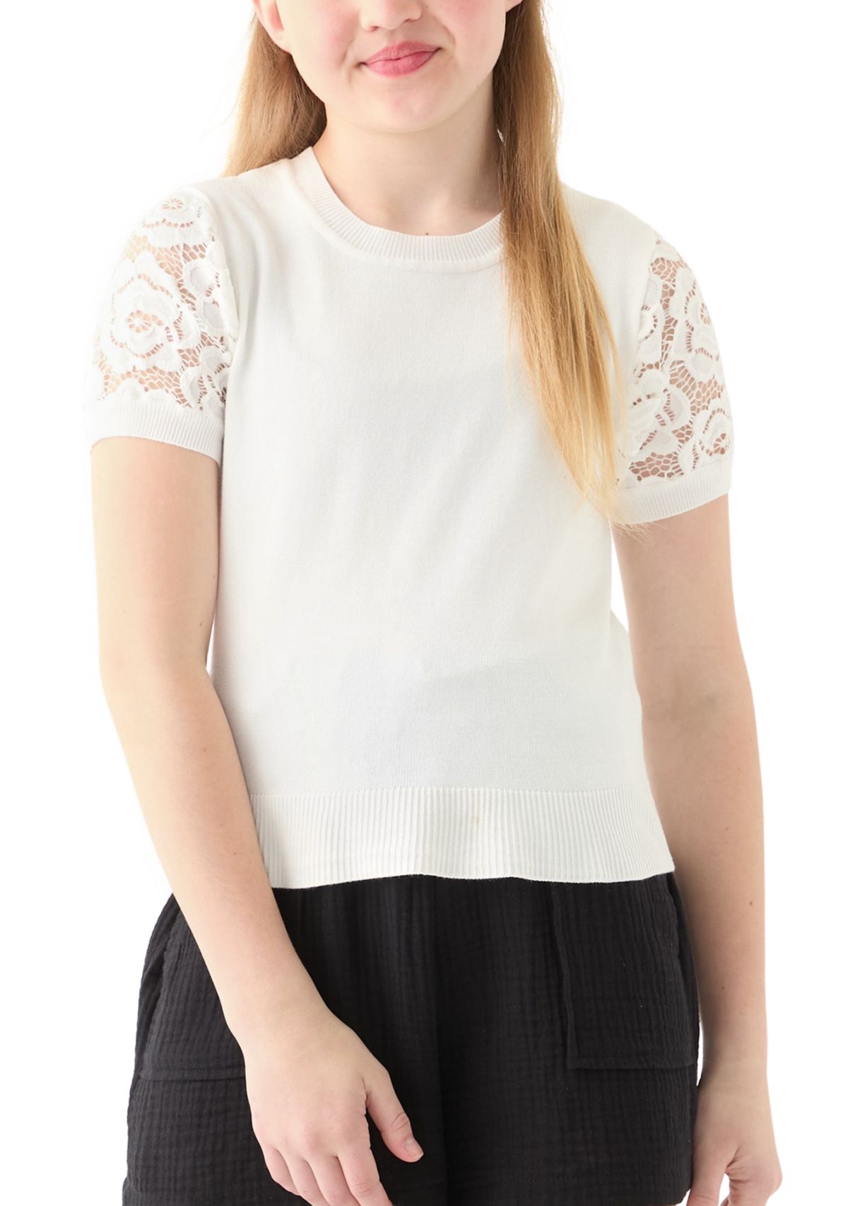 Girls 7-16 Short Lace Sleeve Sweater Top