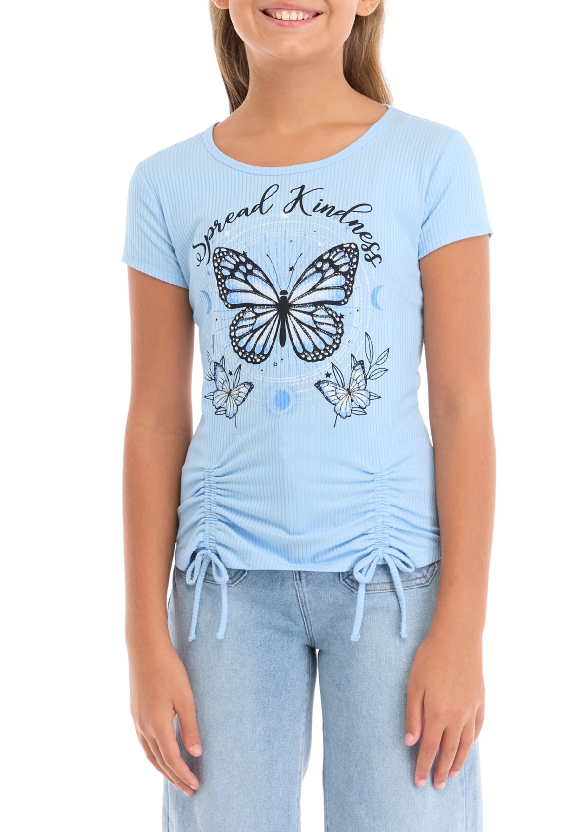 Girls 7-16 Short Sleeve Drawstring Hem Spread Kindness Butterfly Shirt 