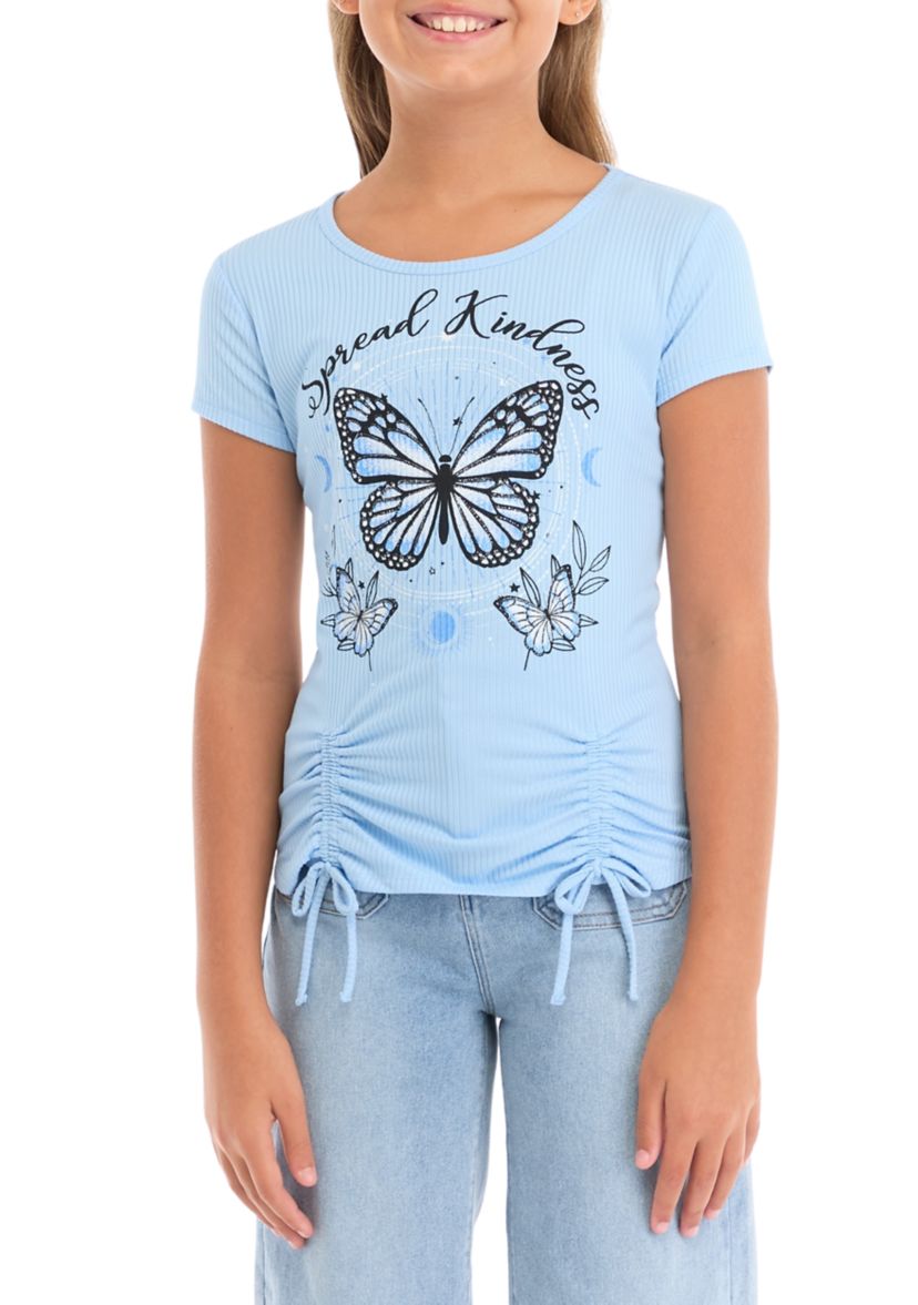 Girls 7-16 Short Sleeve Drawstring Hem Spread Kindness Butterfly Shirt 