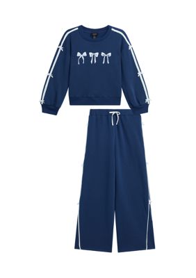 Amy Byer Girls 7-16 Bow Pullover and Pants Set, Navy Blue, Medium