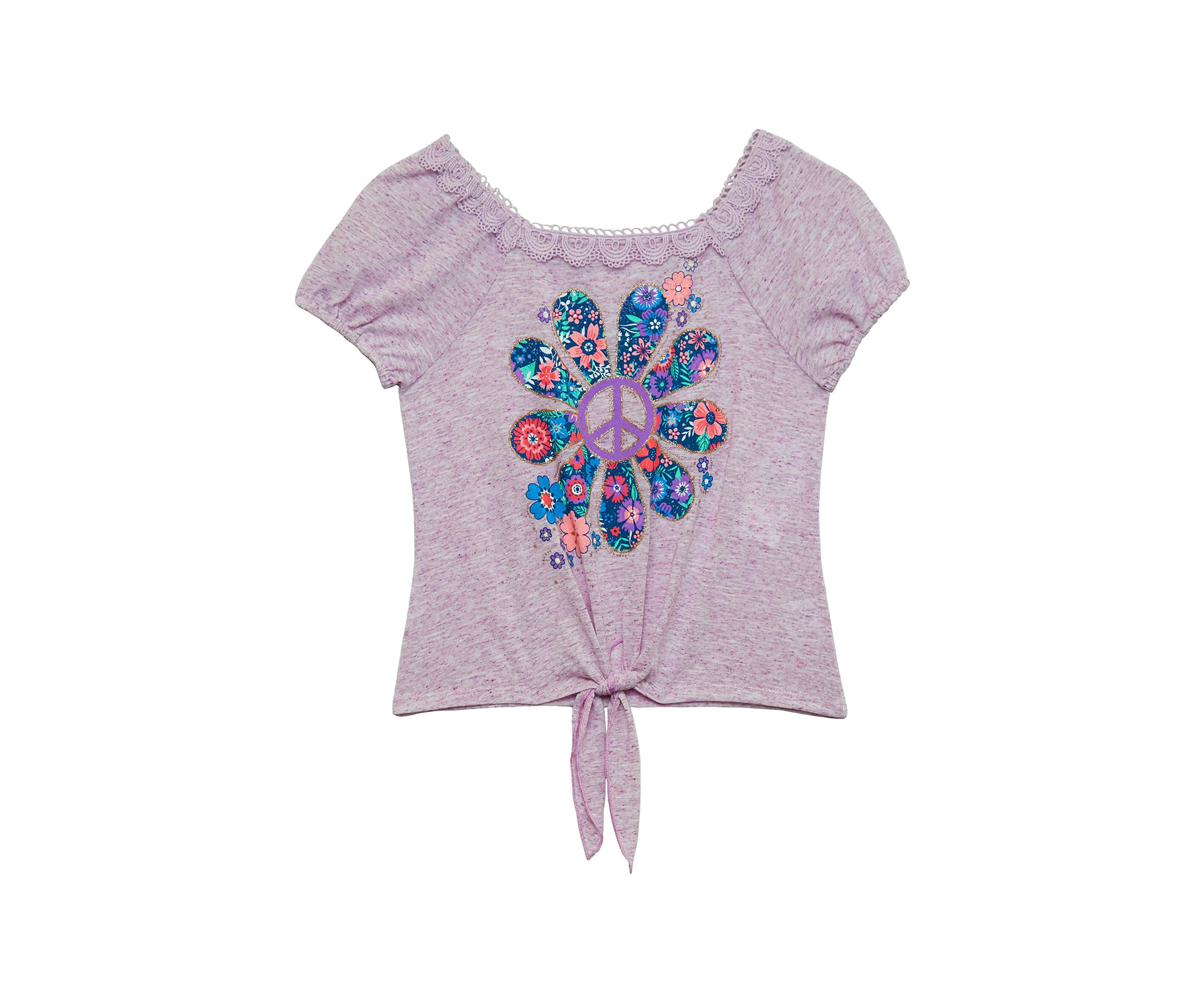 Girl 7-16 Puff Sleeve Flower Graphic Tie Waist Top 