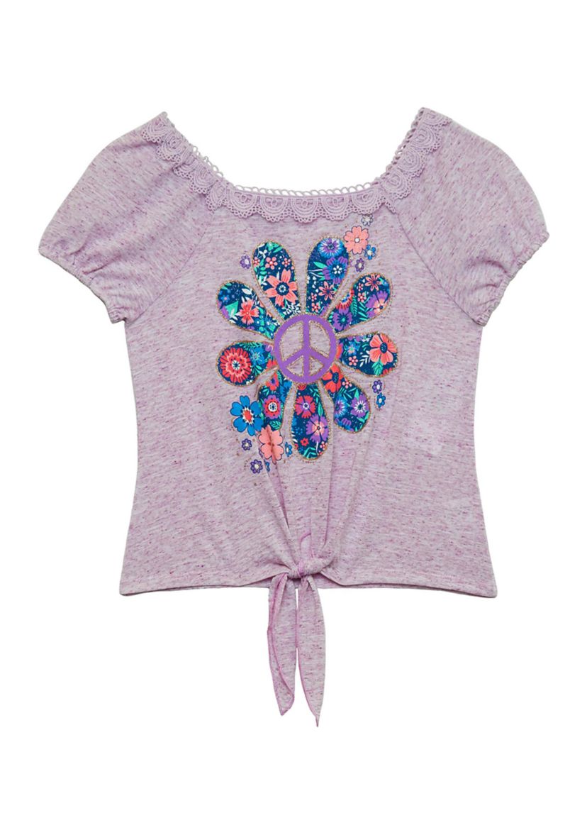 Girl 7-16 Puff Sleeve Flower Graphic Tie Waist Top 