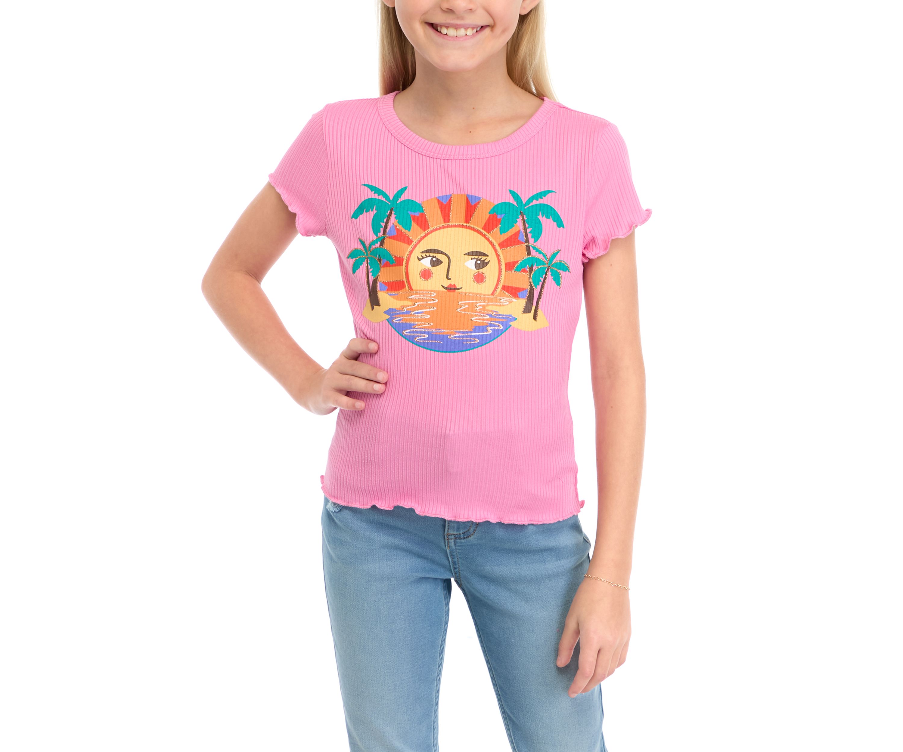 Girls 7-16 Short Sleeve Solid Rib Palms Sunscreen Graphic T-Shirt