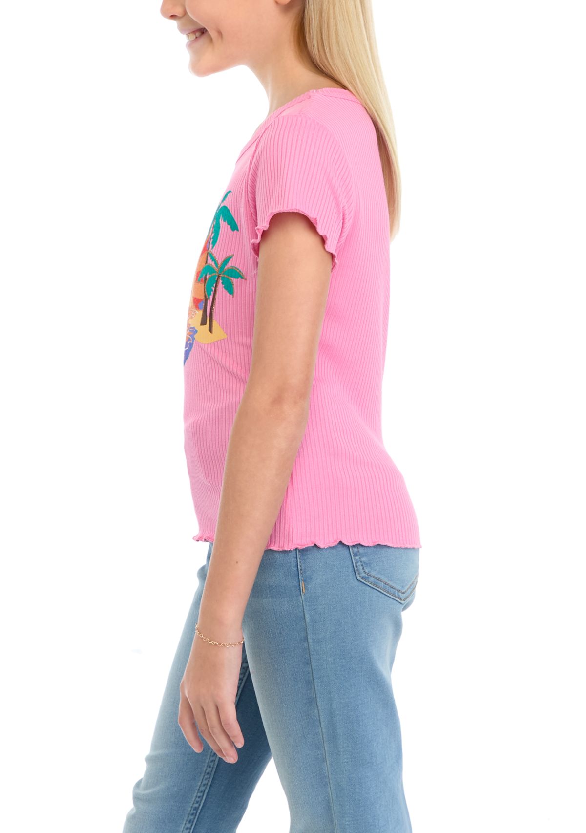 Girls 7-16 Short Sleeve Solid Rib Palms Sunscreen Graphic T-Shirt