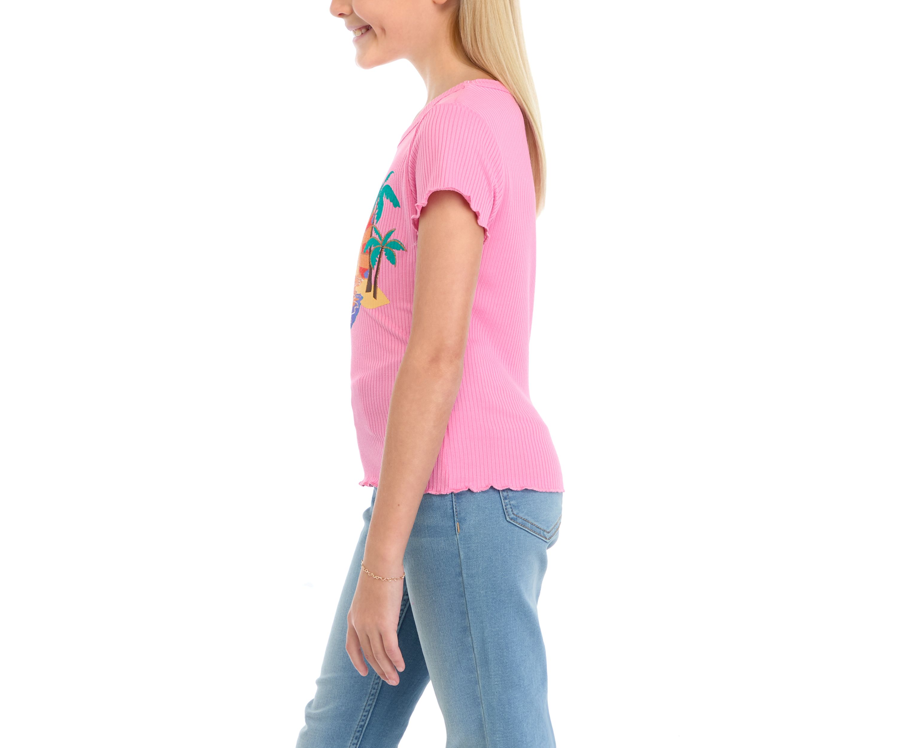 Girls 7-16 Short Sleeve Solid Rib Palms Sunscreen Graphic T-Shirt
