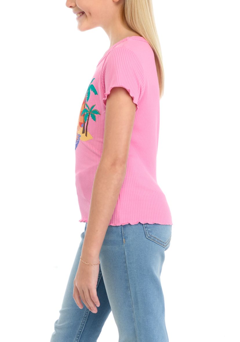 Girls 7-16 Short Sleeve Solid Rib Palms Sunscreen Graphic T-Shirt